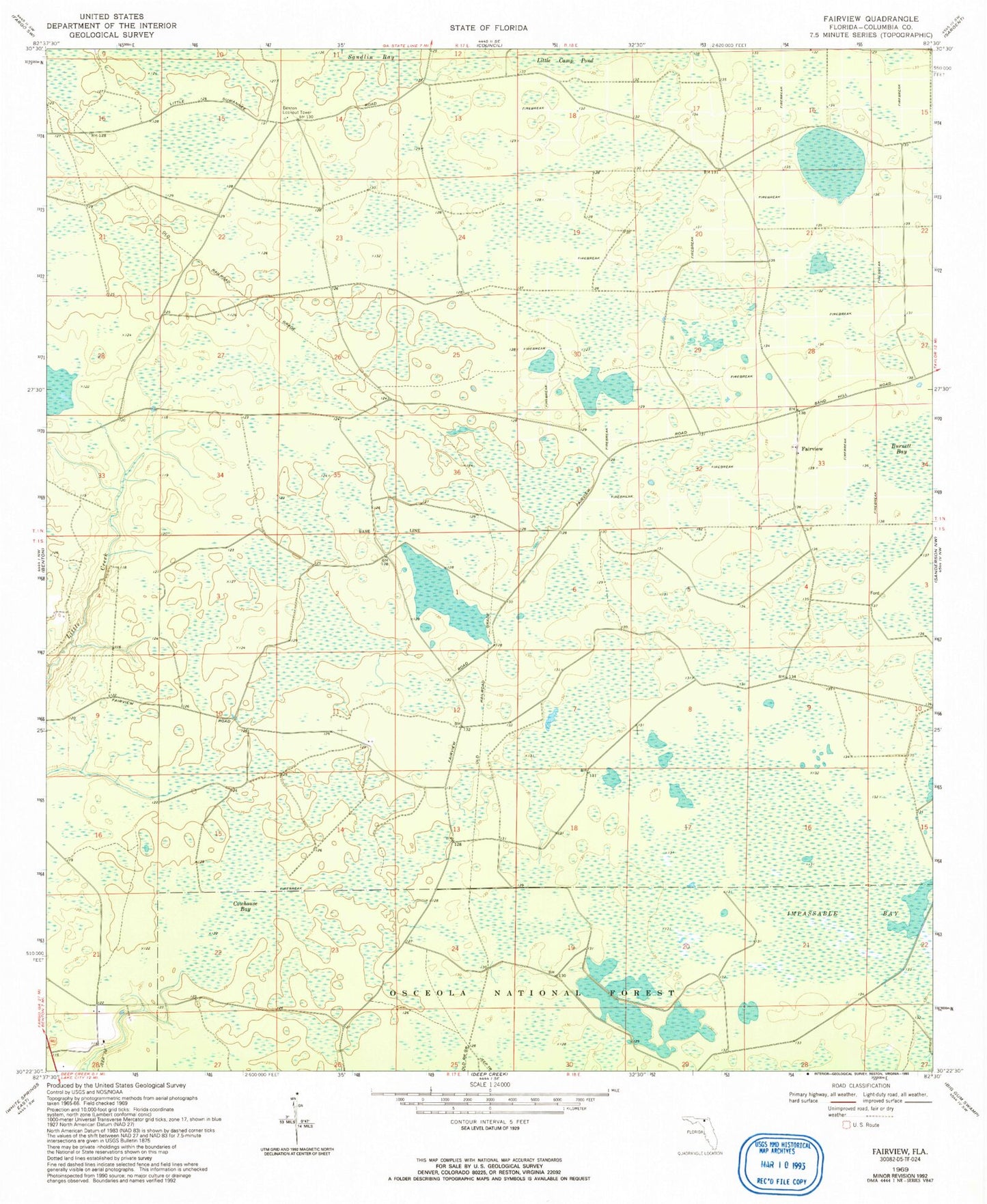 Classic USGS Fairview Florida 7.5'x7.5' Topo Map Image