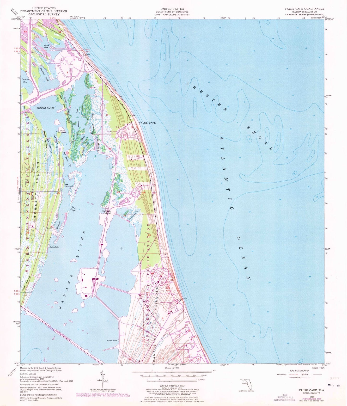 Classic USGS False Cape Florida 7.5'x7.5' Topo Map Image