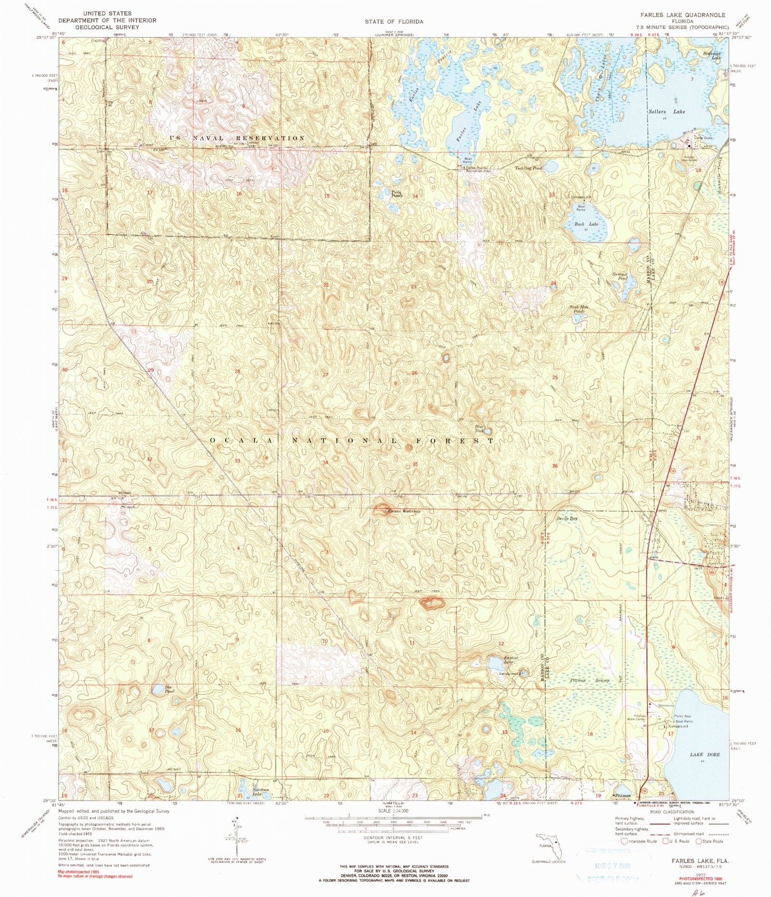 Classic USGS Farles Lake Florida 7.5'x7.5' Topo Map Image
