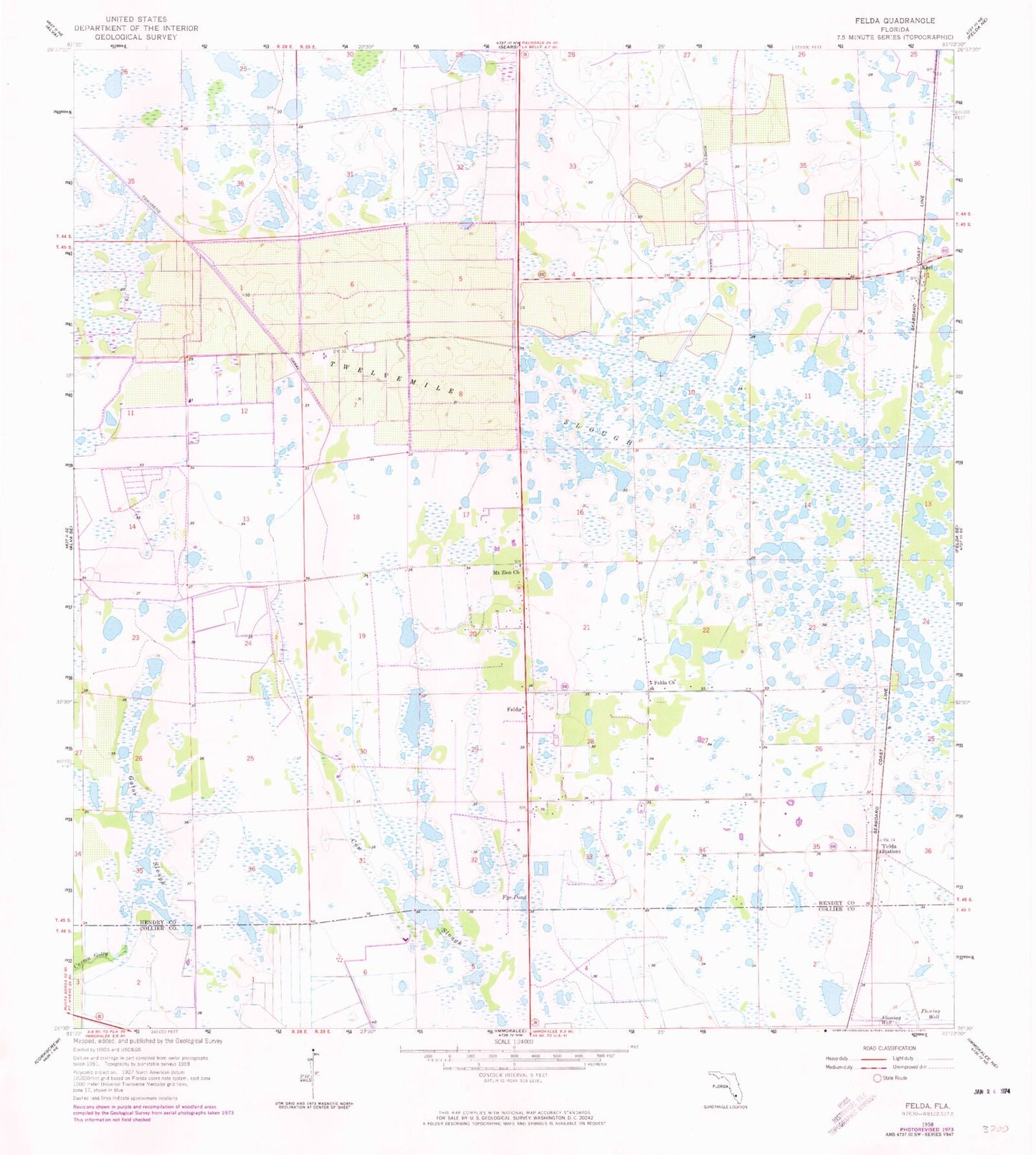 Classic USGS Felda Florida 7.5'x7.5' Topo Map Image