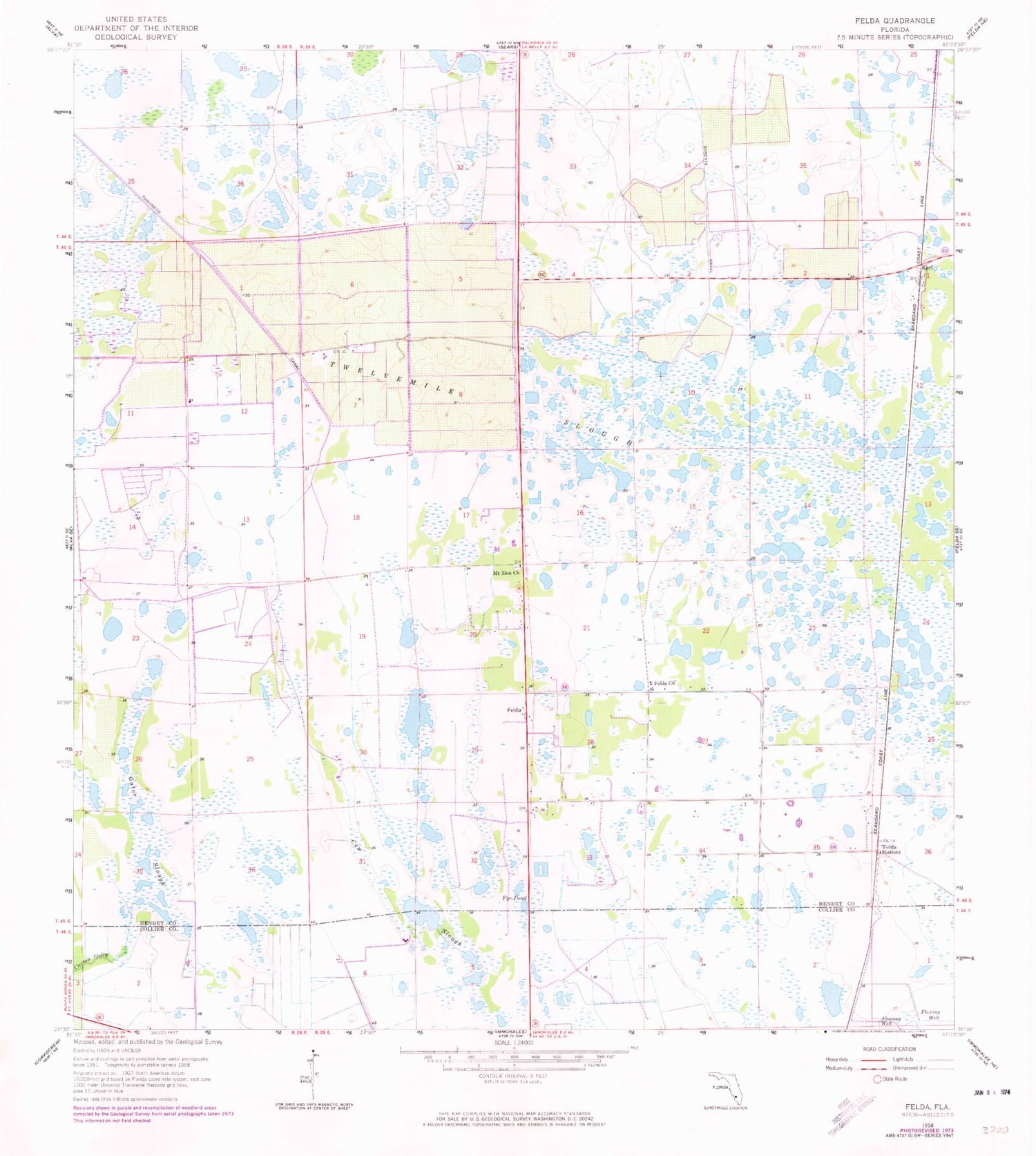 Classic USGS Felda Florida 7.5'x7.5' Topo Map Image