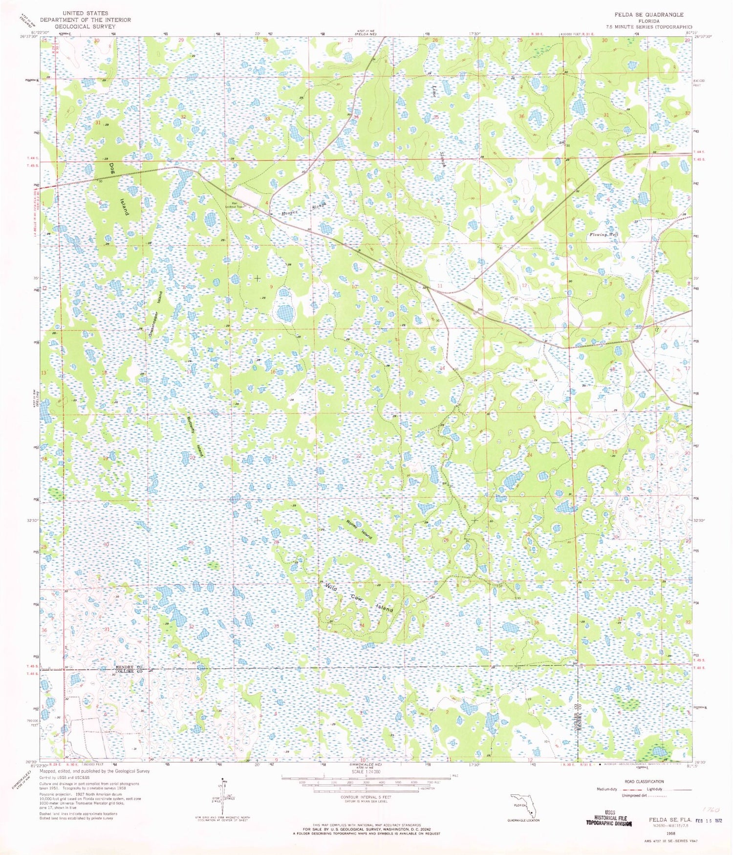 Classic USGS Felda SE Florida 7.5'x7.5' Topo Map Image