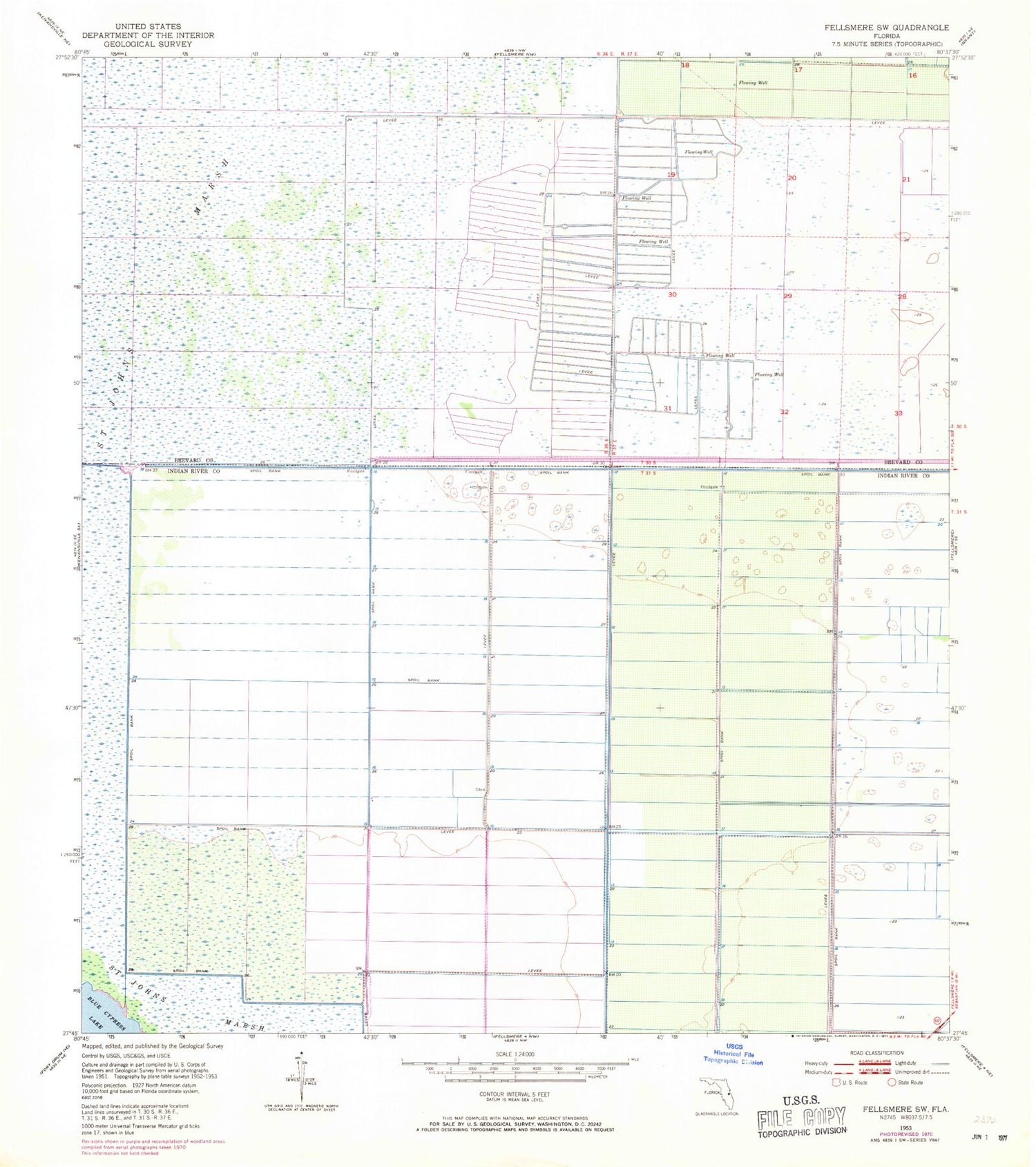 Classic USGS Fellsmere SW Florida 7.5'x7.5' Topo Map Image