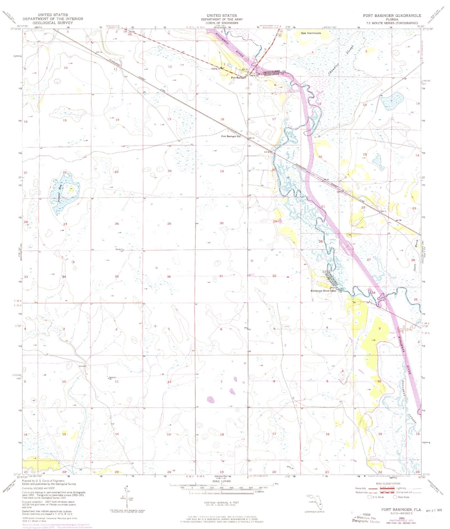 Classic USGS Fort Basinger Florida 7.5'x7.5' Topo Map Image
