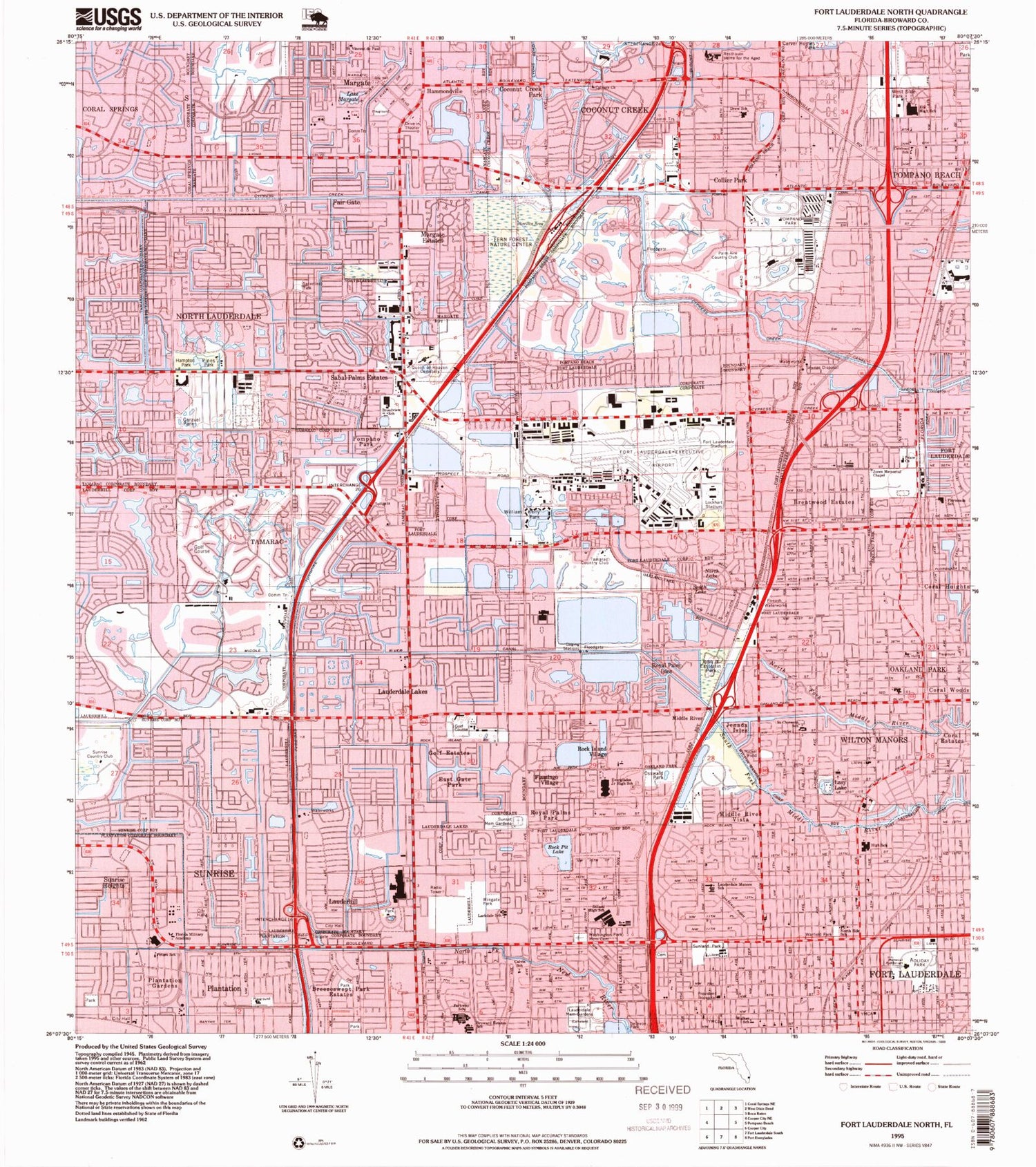 Classic USGS Fort Lauderdale North Florida 7.5'x7.5' Topo Map Image