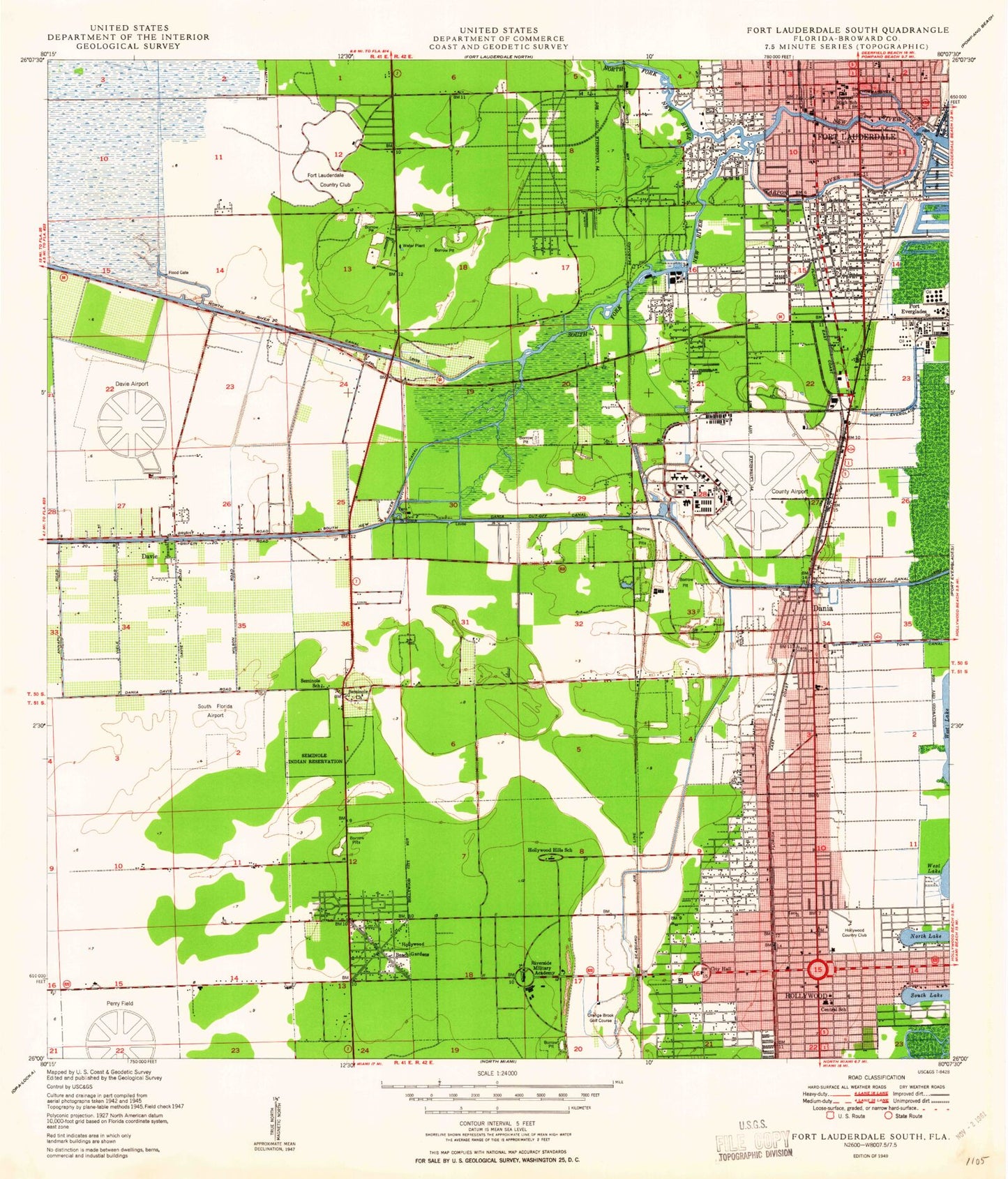 Classic USGS Fort Lauderdale South Florida 7.5'x7.5' Topo Map Image