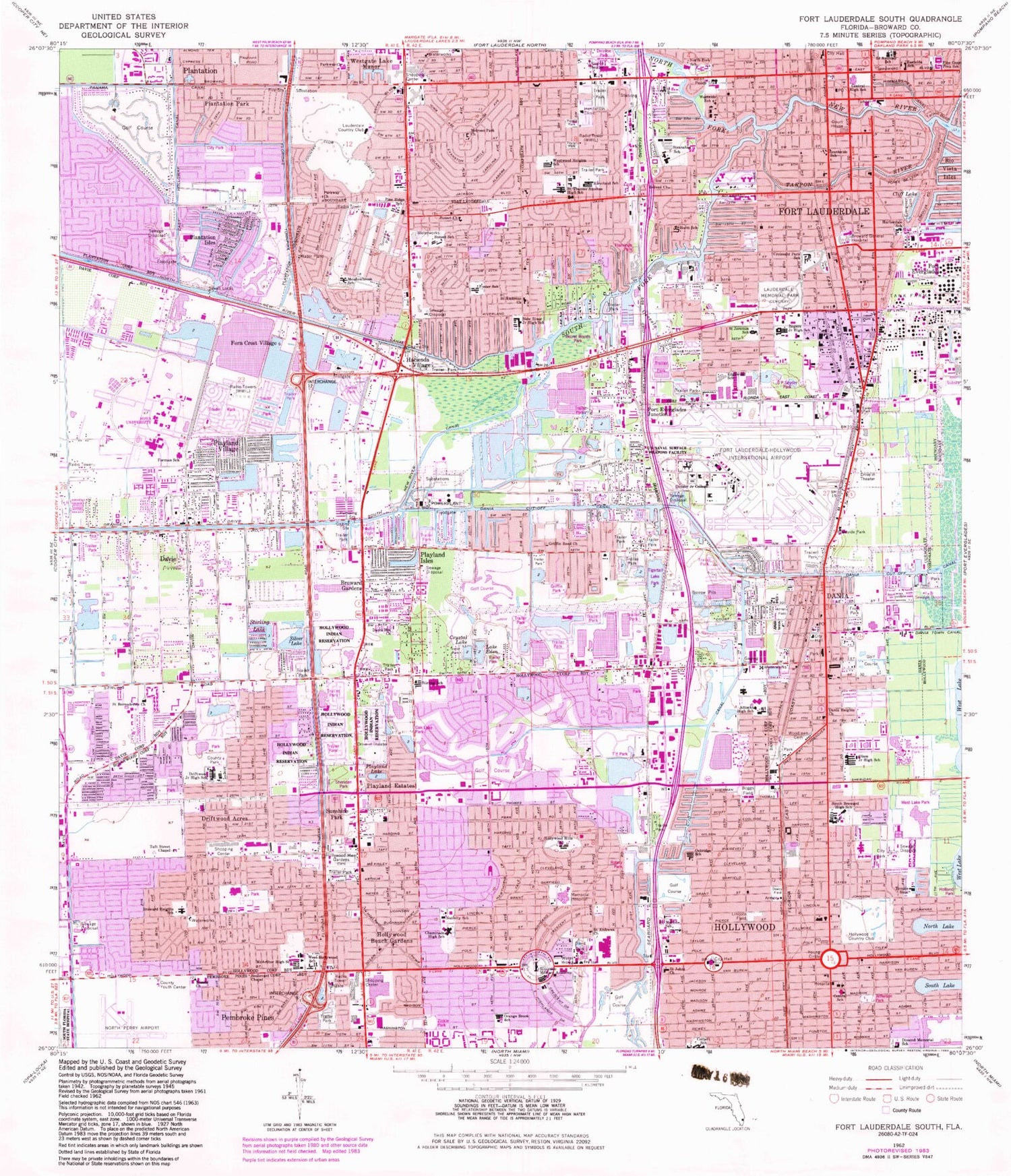 Classic USGS Fort Lauderdale South Florida 7.5'x7.5' Topo Map Image