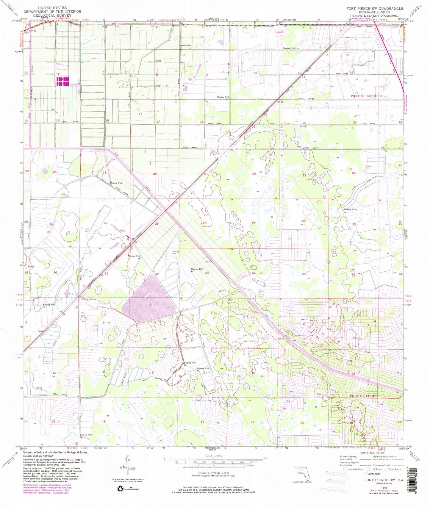 Classic USGS Fort Pierce SW Florida 7.5'x7.5' Topo Map Image