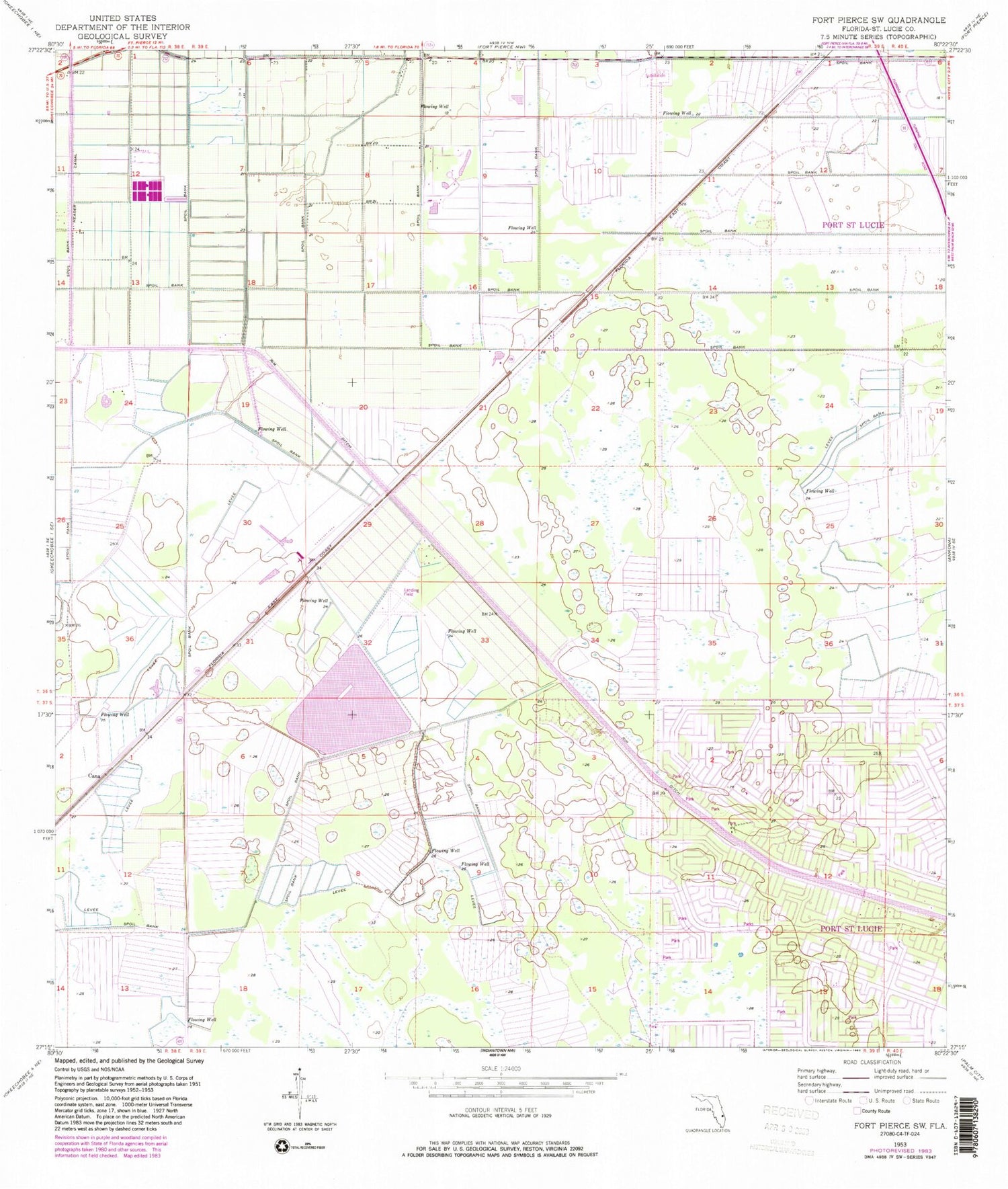 Classic USGS Fort Pierce SW Florida 7.5'x7.5' Topo Map Image