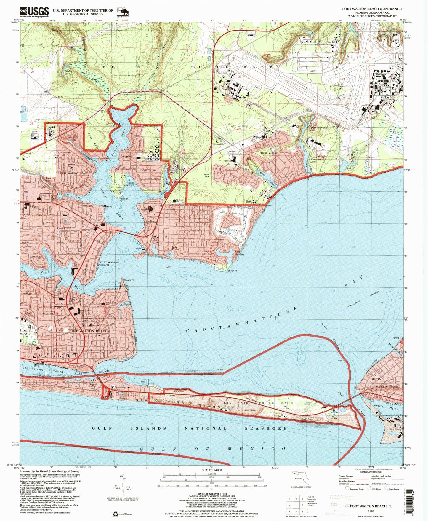 Classic USGS Fort Walton Beach Florida 7.5'x7.5' Topo Map Image