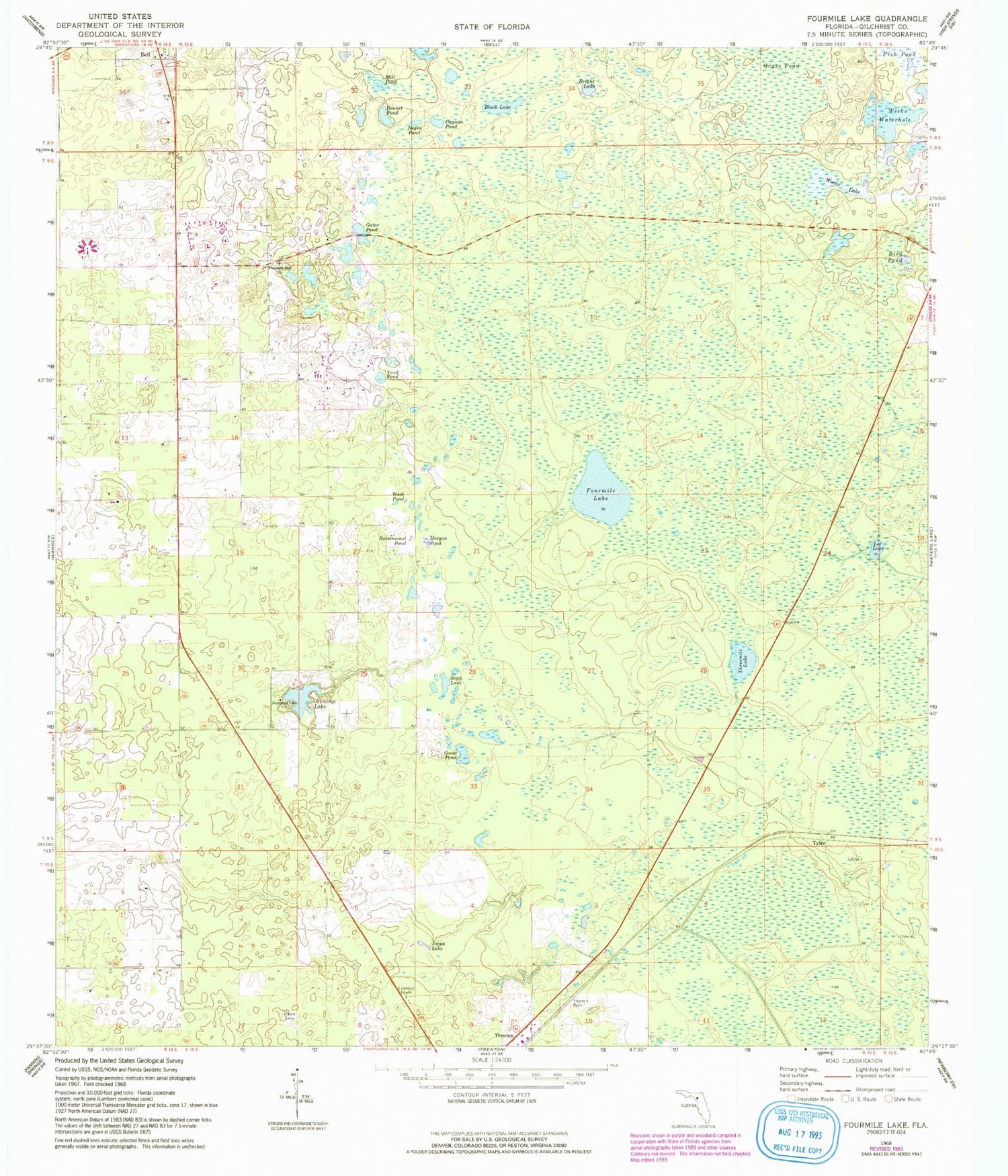 Classic USGS Fourmile Lake Florida 7.5'x7.5' Topo Map Image