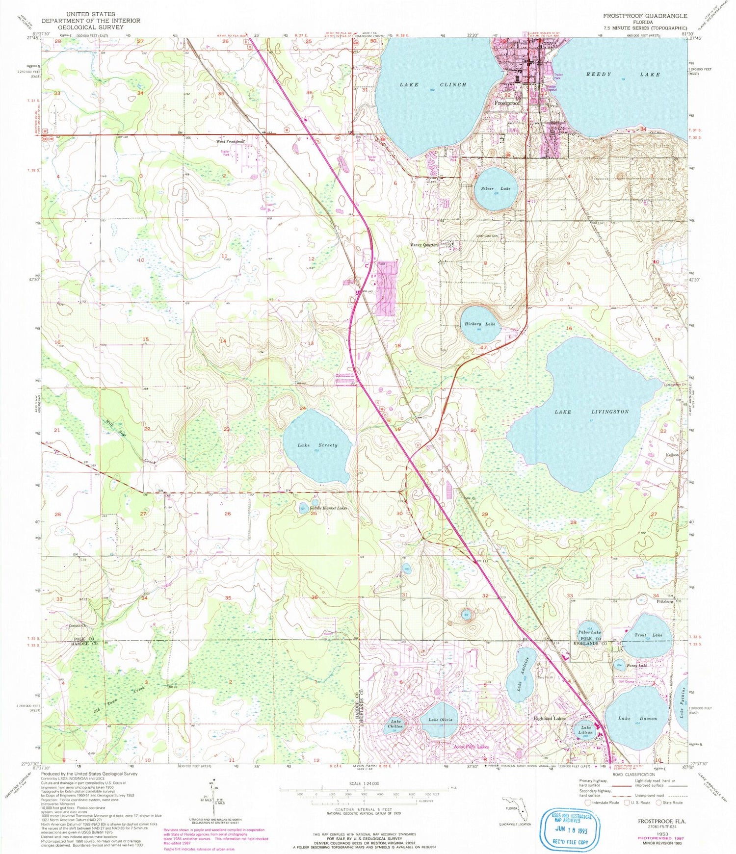 Classic USGS Frostproof Florida 7.5'x7.5' Topo Map Image