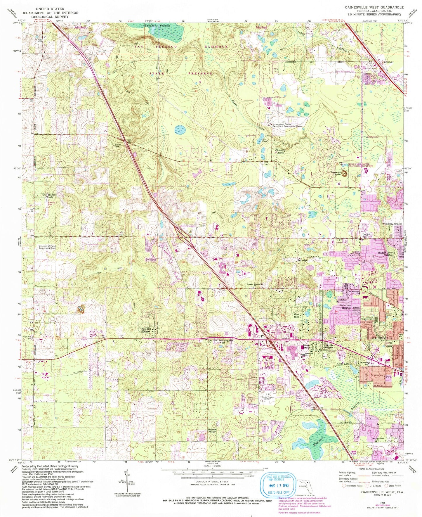 Classic USGS Gainesville West Florida 7.5'x7.5' Topo Map Image