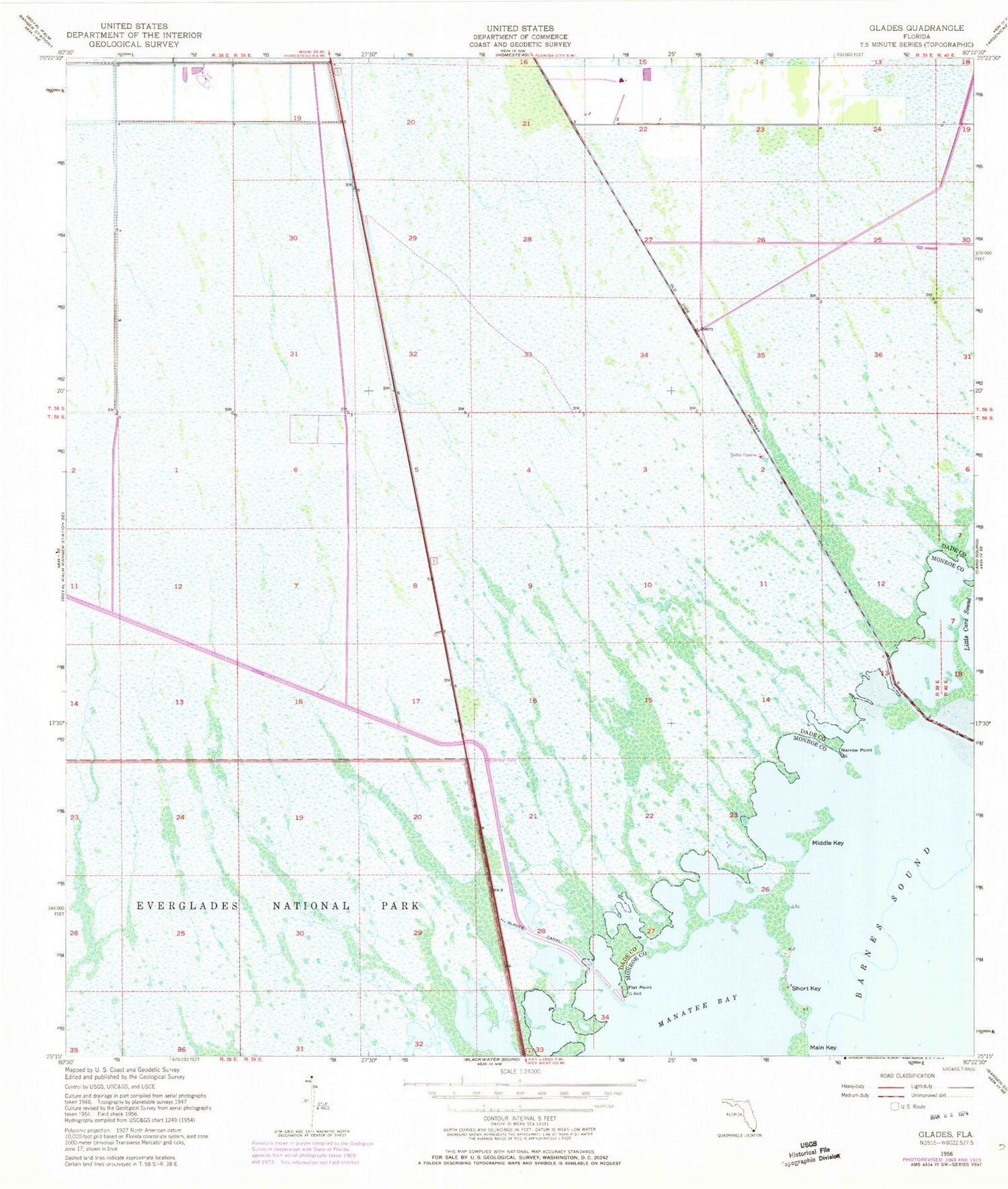 Classic USGS Glades Florida 7.5'x7.5' Topo Map Image
