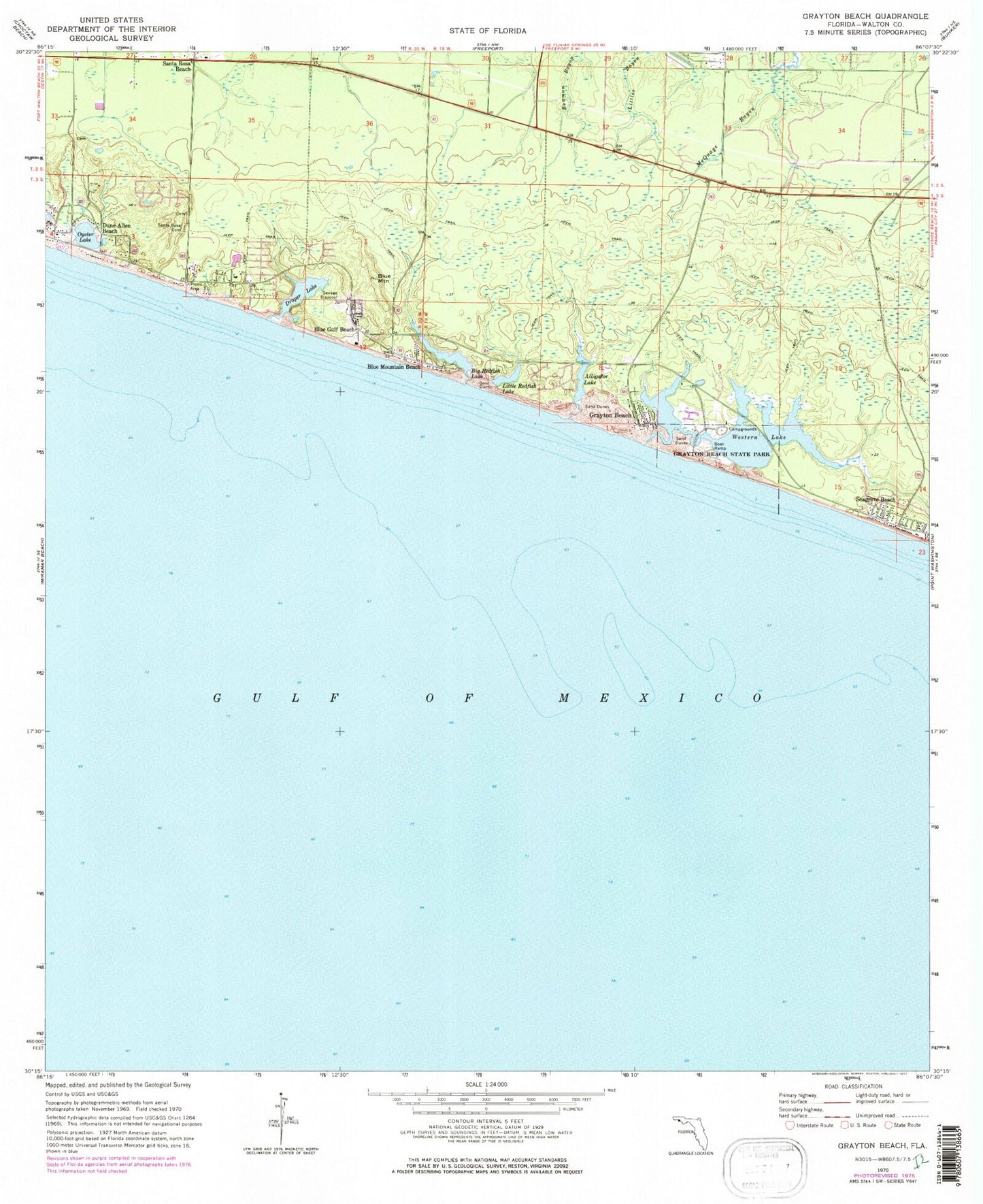 Classic USGS Grayton Beach Florida 7.5'x7.5' Topo Map Image
