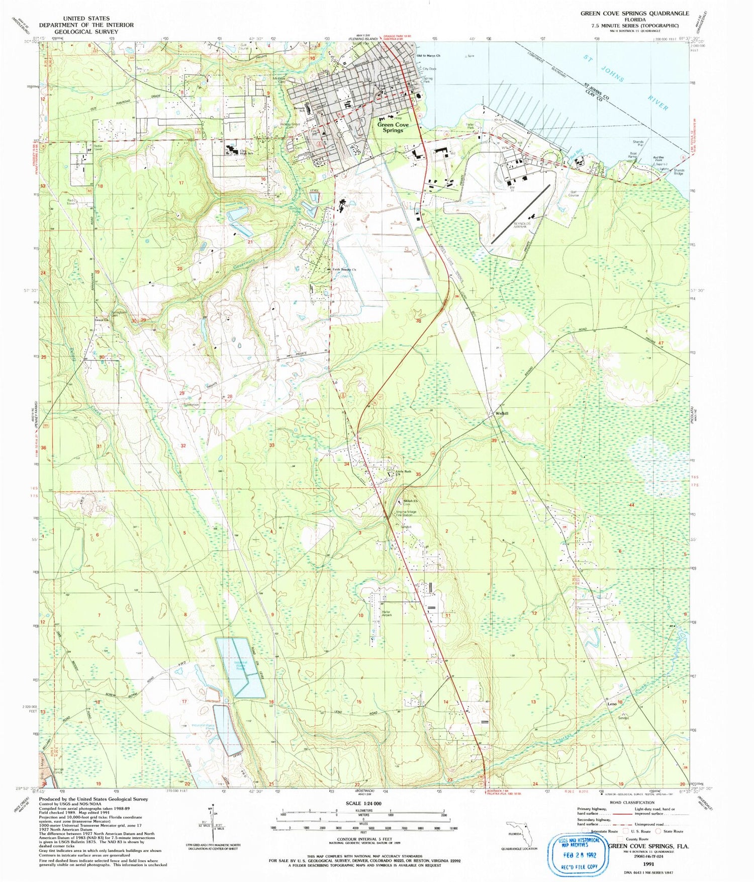 Classic USGS Green Cove Springs Florida 7.5'x7.5' Topo Map Image
