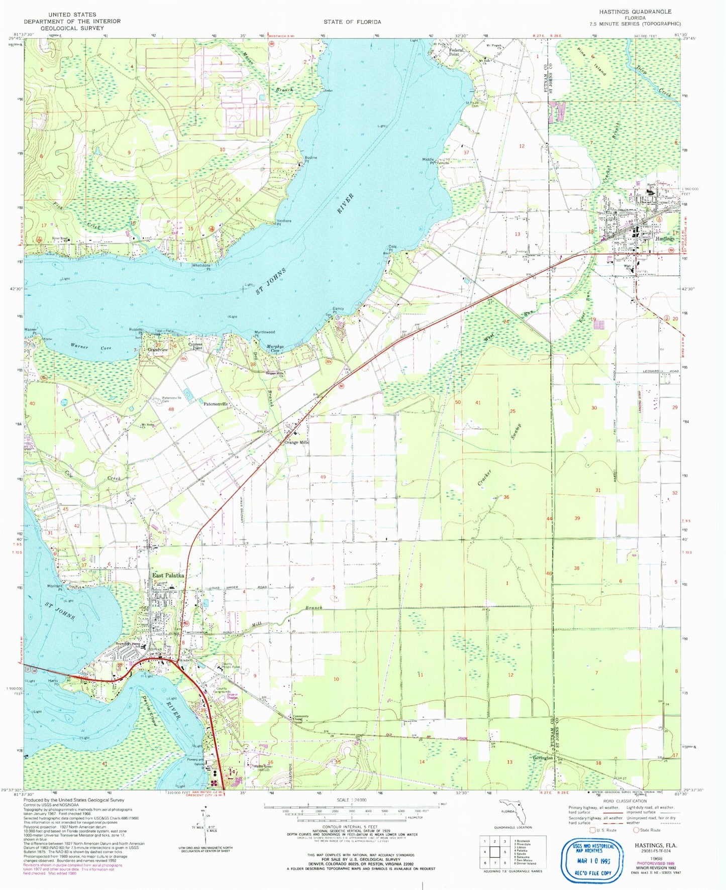 Classic USGS Hastings Florida 7.5'x7.5' Topo Map Image