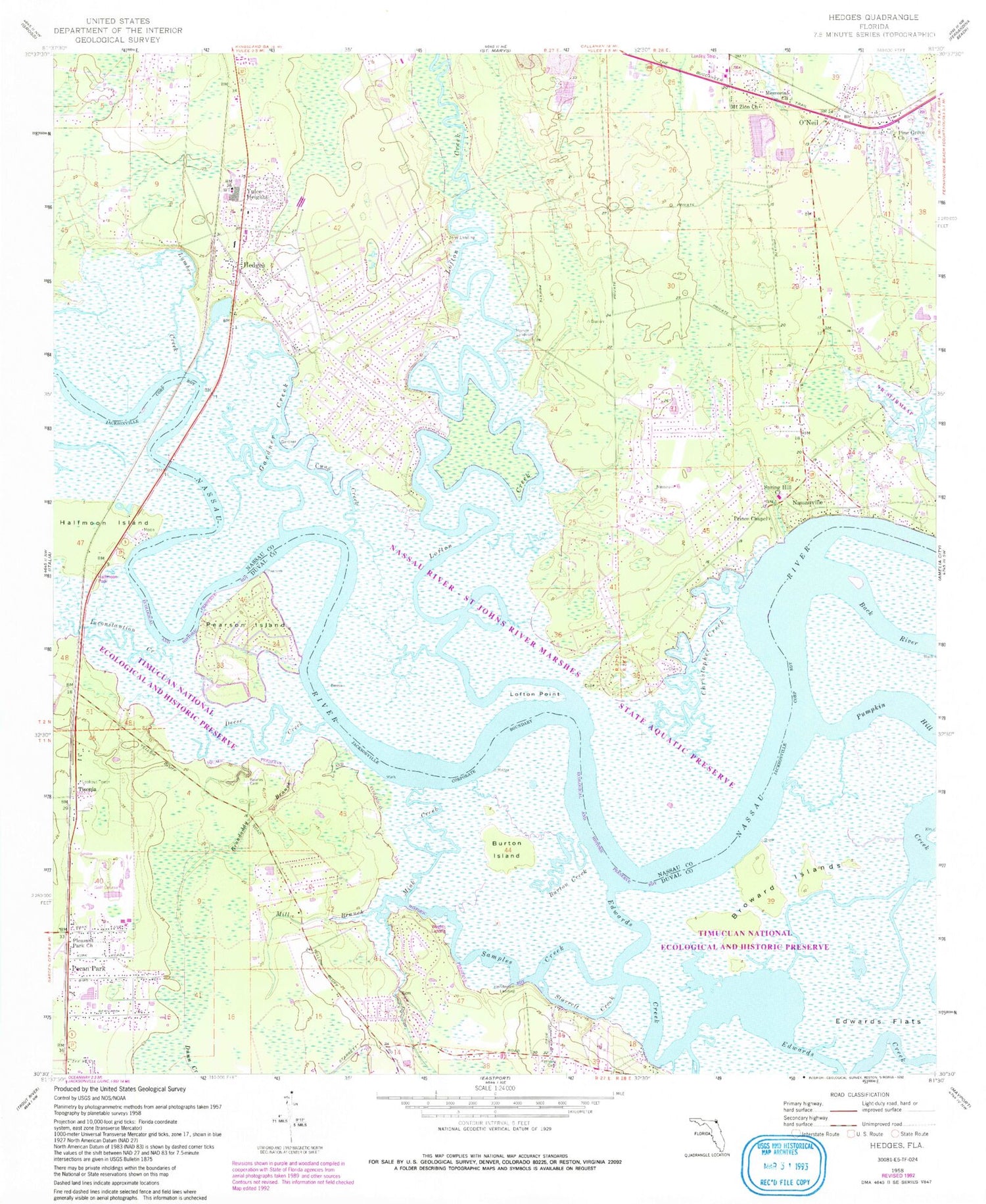 Classic USGS Hedges Florida 7.5'x7.5' Topo Map Image