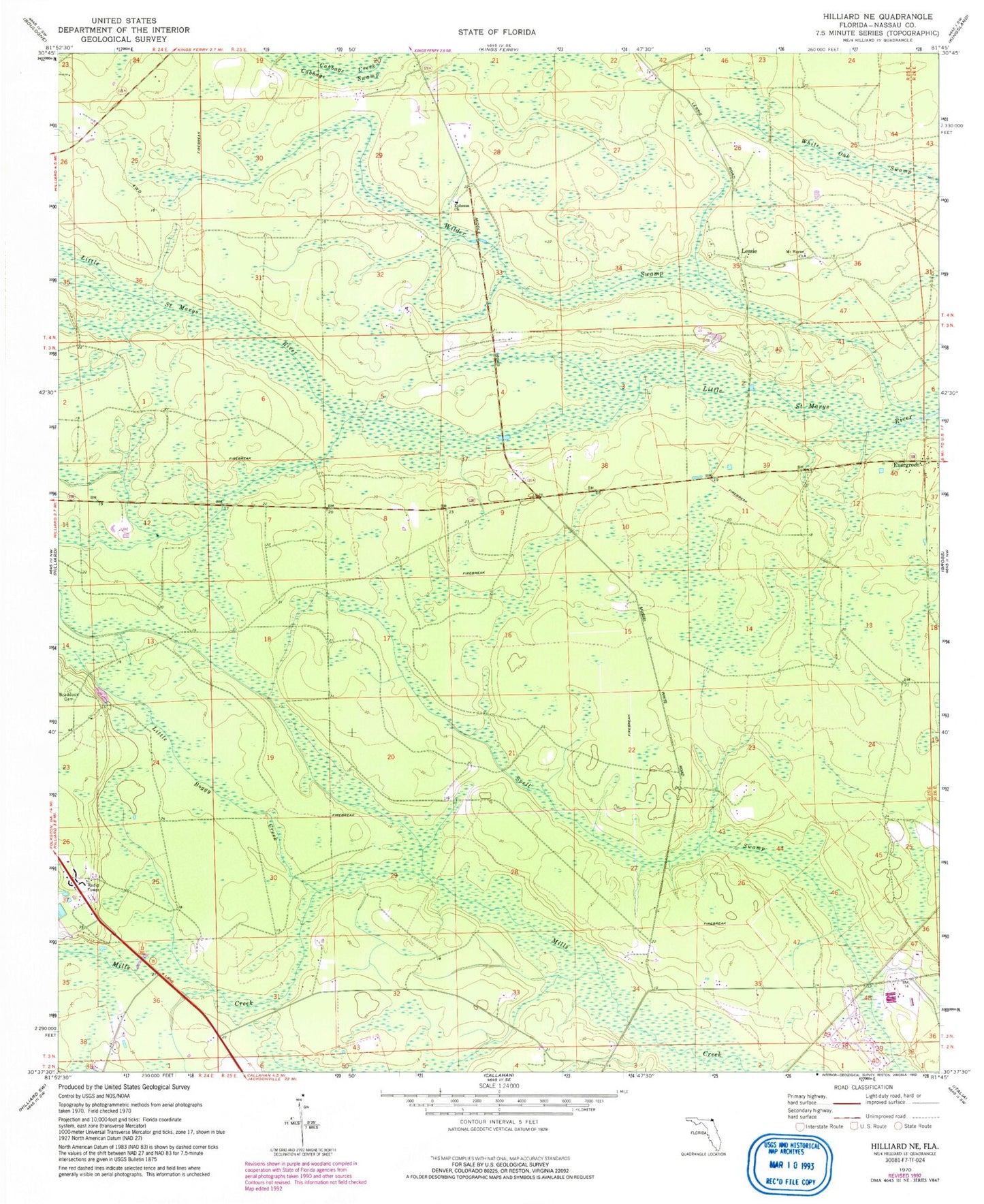 Classic USGS Hilliard NE Florida 7.5'x7.5' Topo Map Image