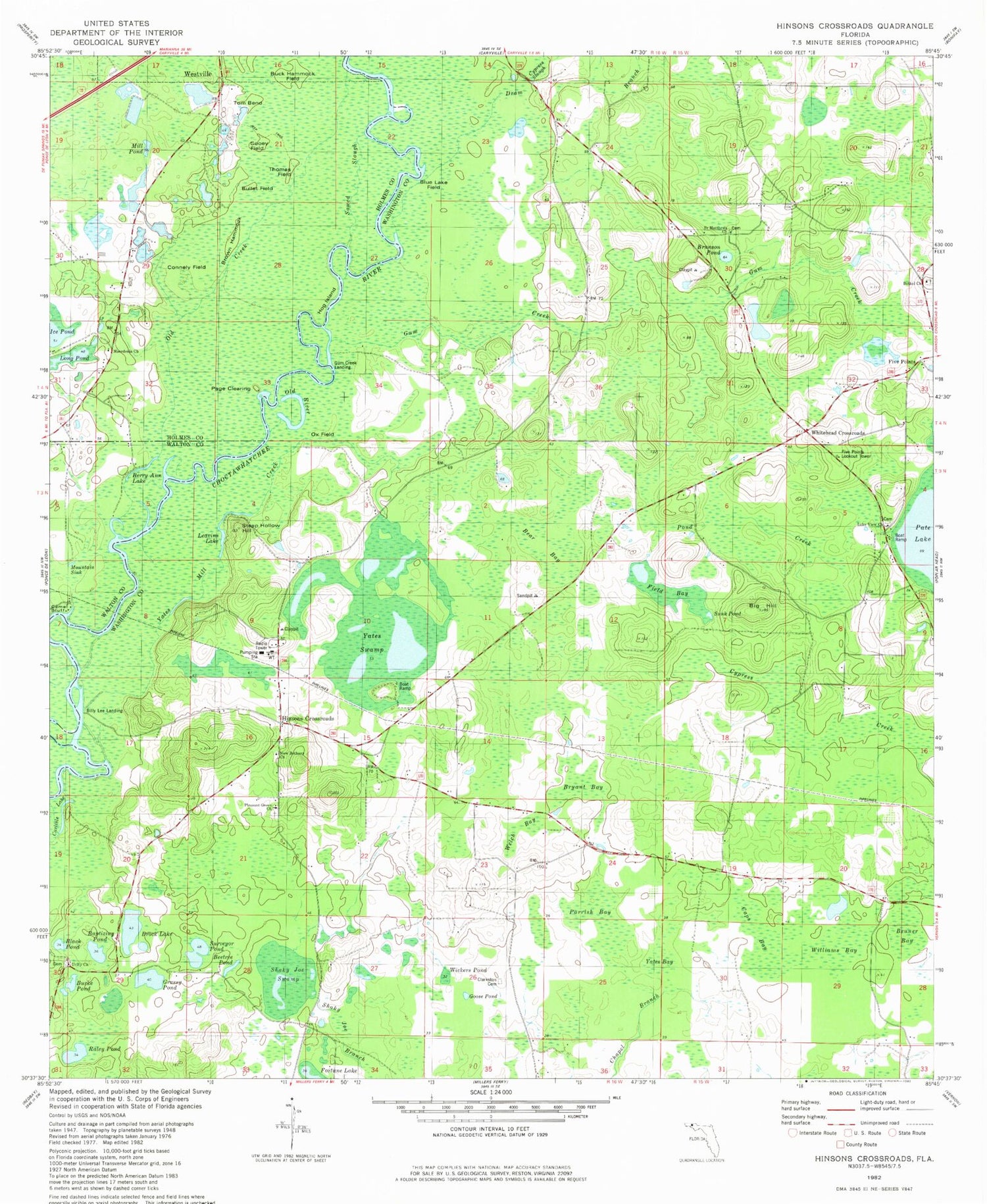 Classic USGS Hinsons Crossroads Florida 7.5'x7.5' Topo Map Image