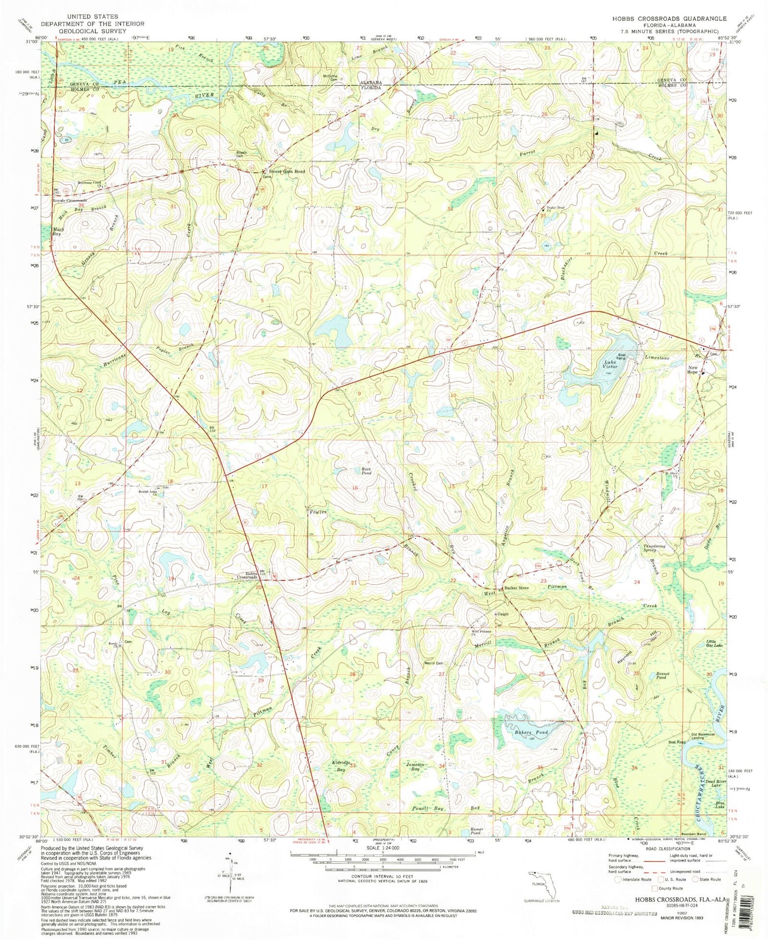 Classic USGS Hobbs Crossroads Florida 7.5'x7.5' Topo Map Image