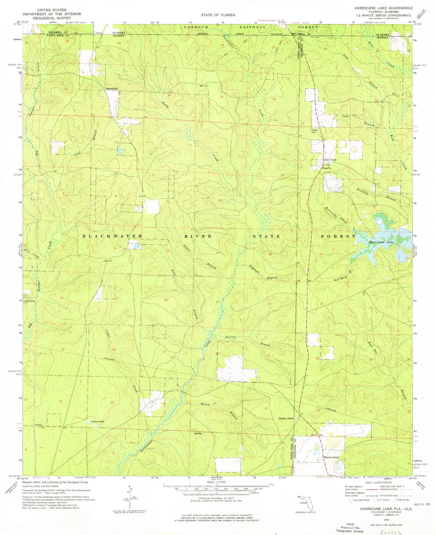 Classic USGS Hurricane Lake Florida 7.5'x7.5' Topo Map Image