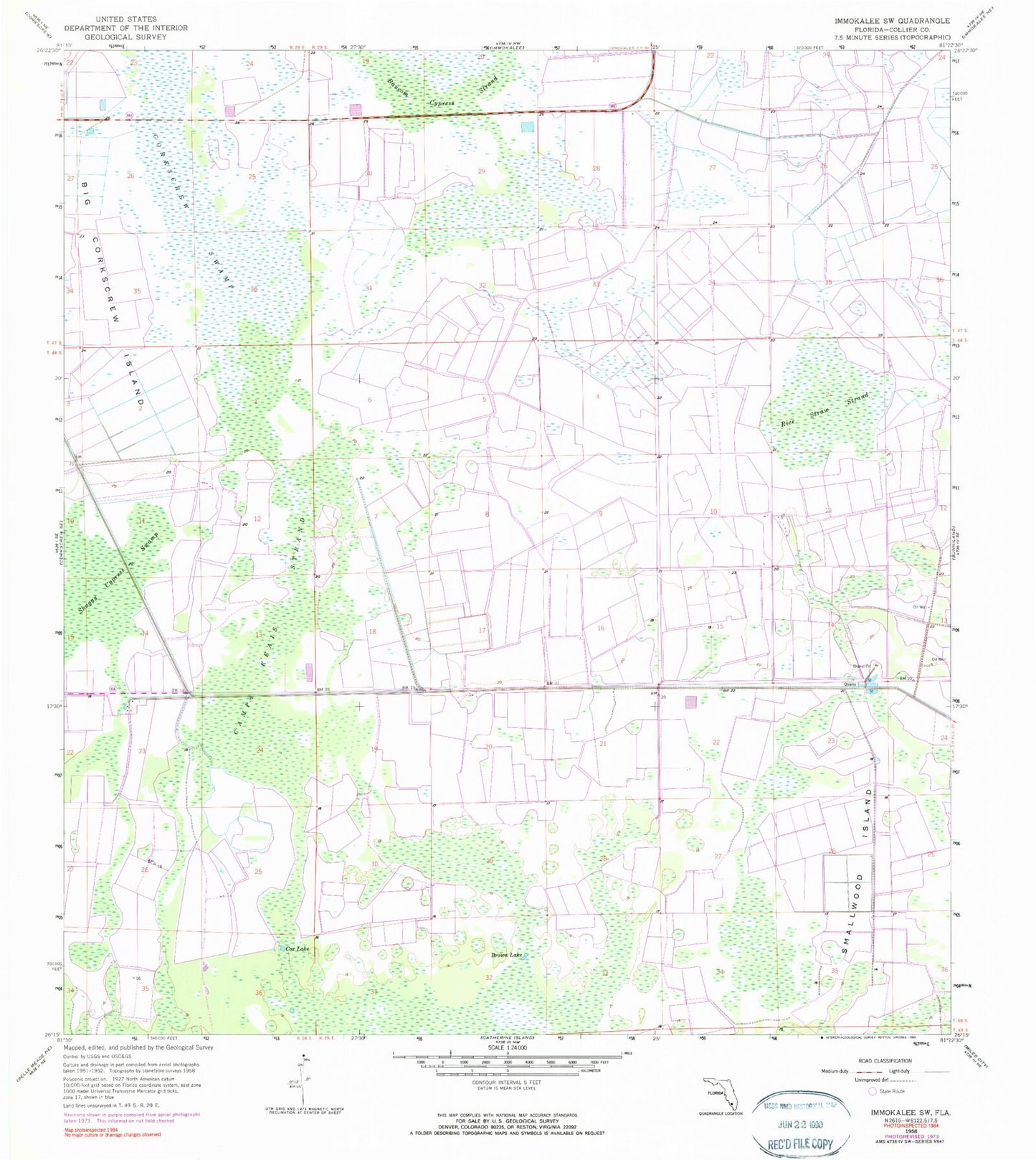 Classic USGS Immokalee SW Florida 7.5'x7.5' Topo Map Image