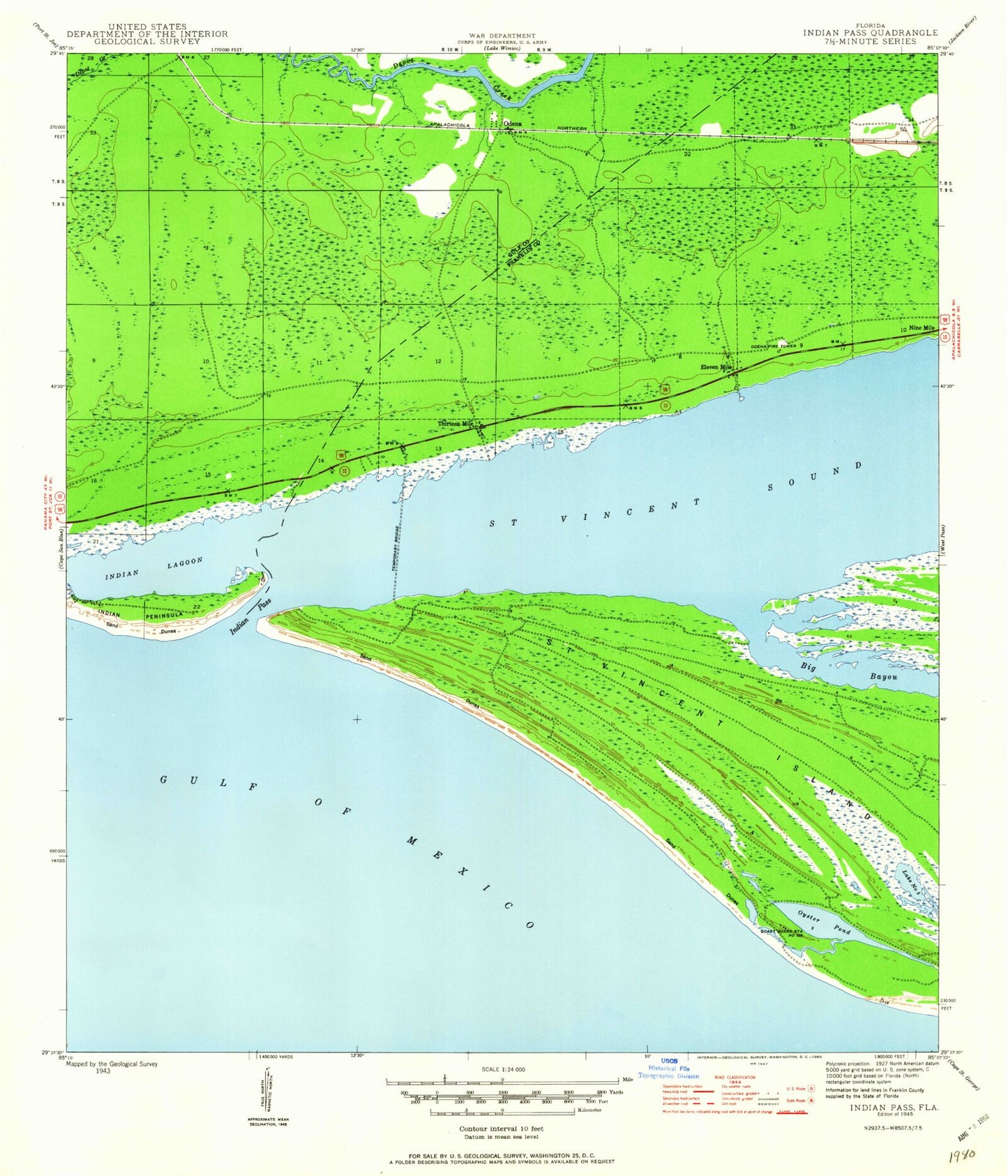 Classic USGS Indian Pass Florida 7.5'x7.5' Topo Map Image