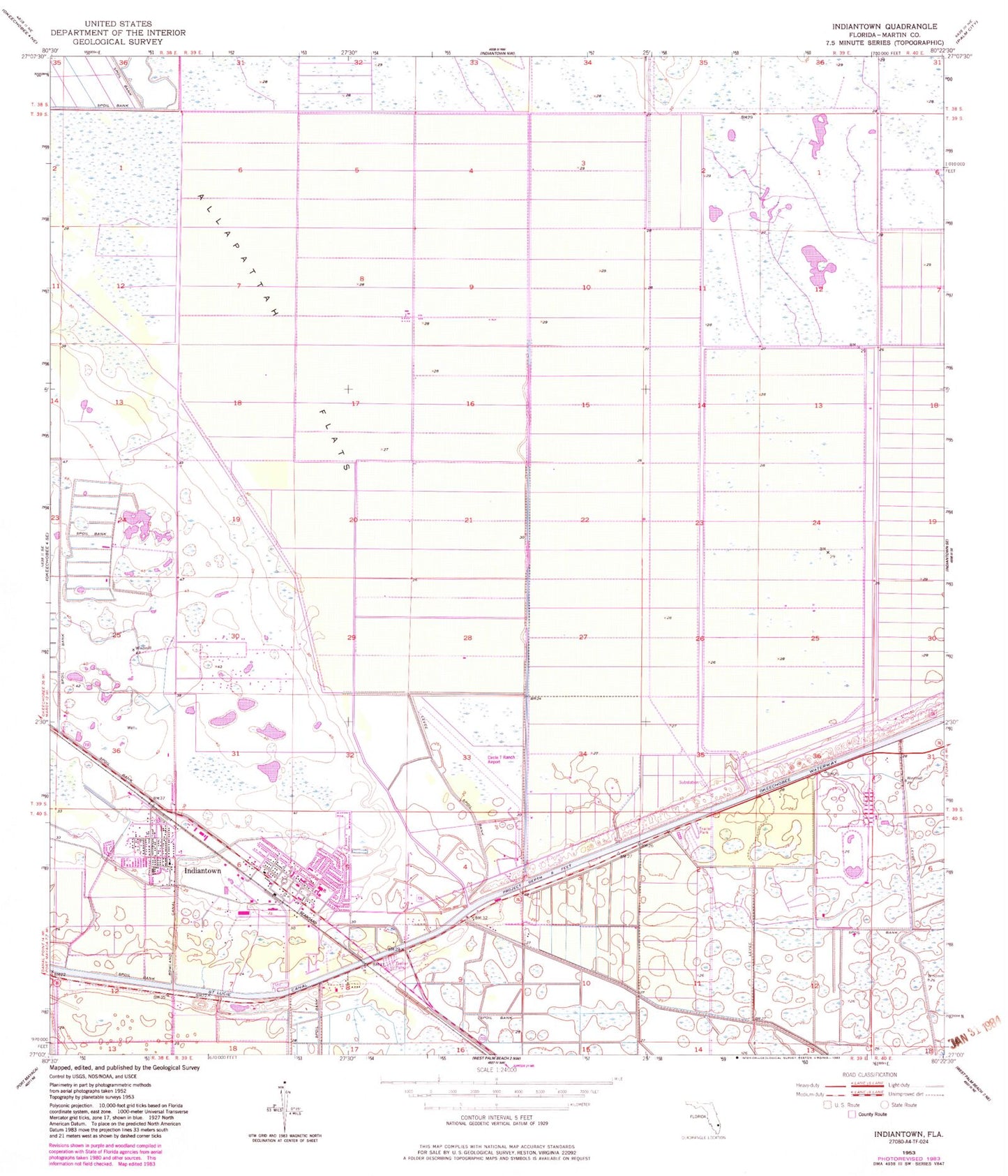 Classic USGS Indiantown Florida 7.5'x7.5' Topo Map Image