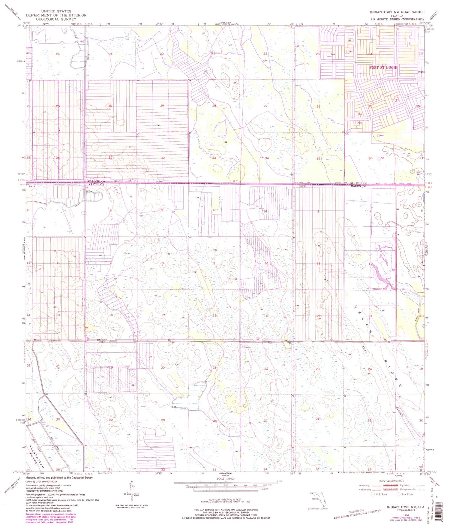 Classic USGS Indiantown NW Florida 7.5'x7.5' Topo Map Image