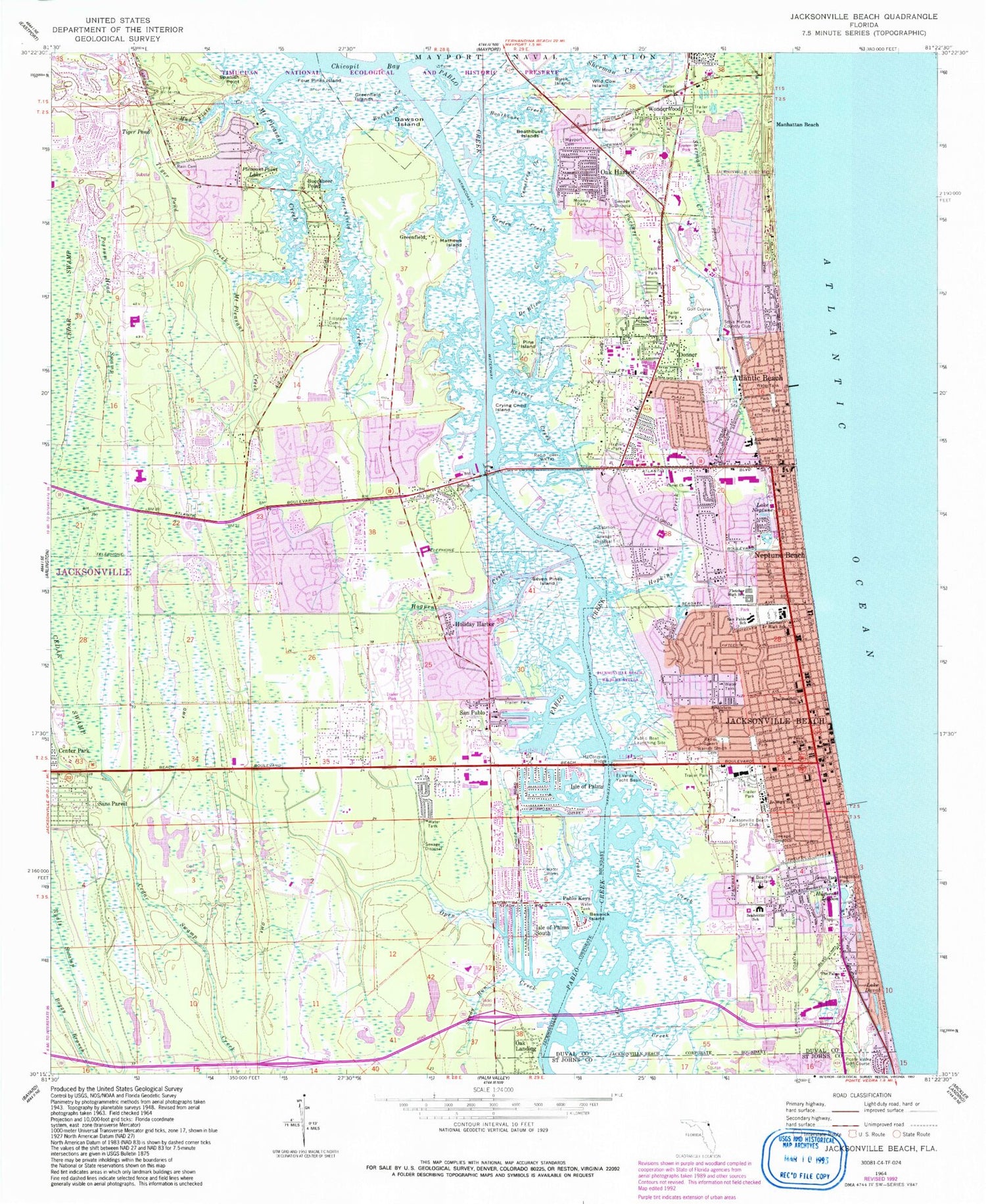 Classic USGS Jacksonville Beach Florida 7.5'x7.5' Topo Map Image