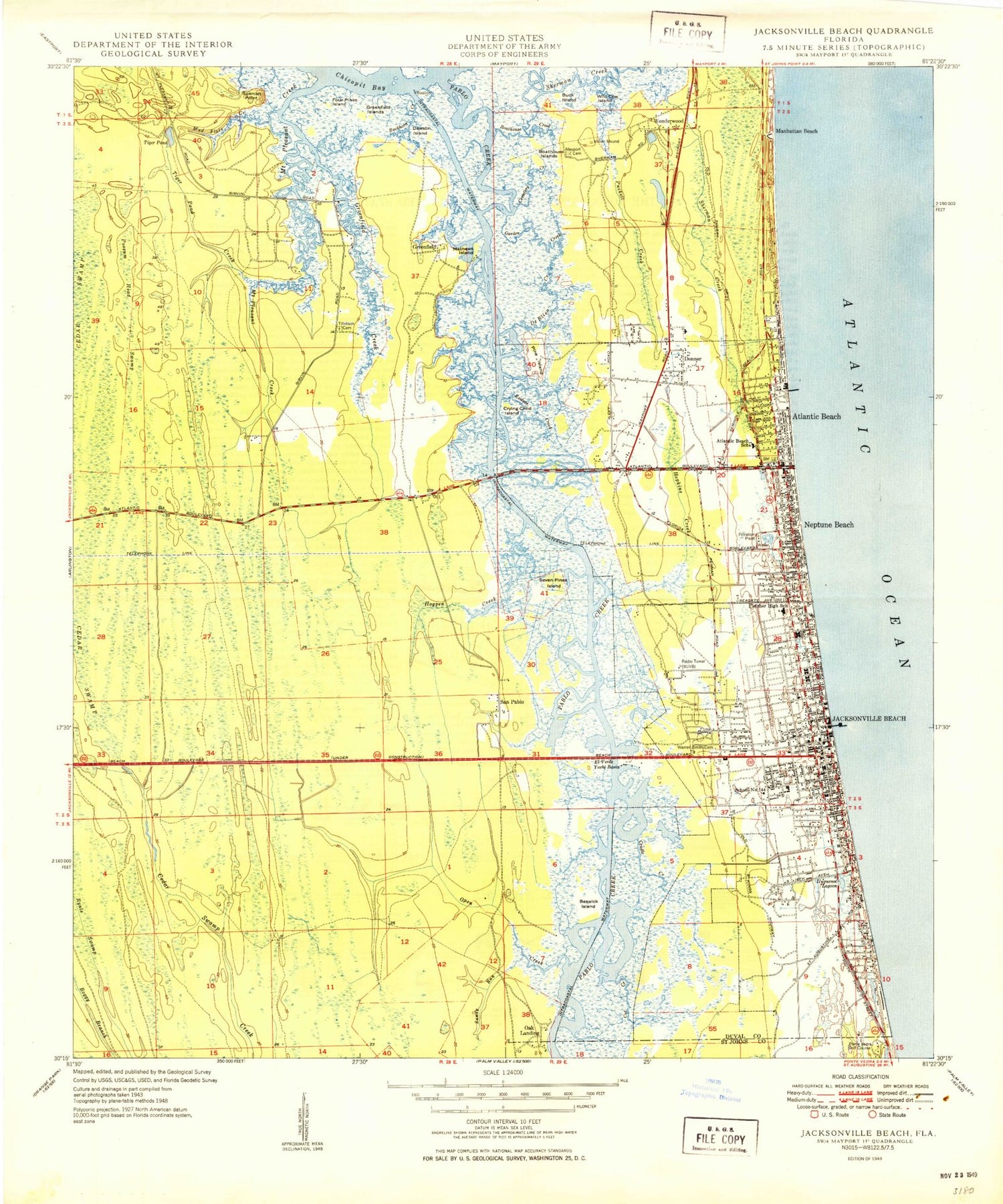 Classic USGS Jacksonville Beach Florida 7.5'x7.5' Topo Map Image