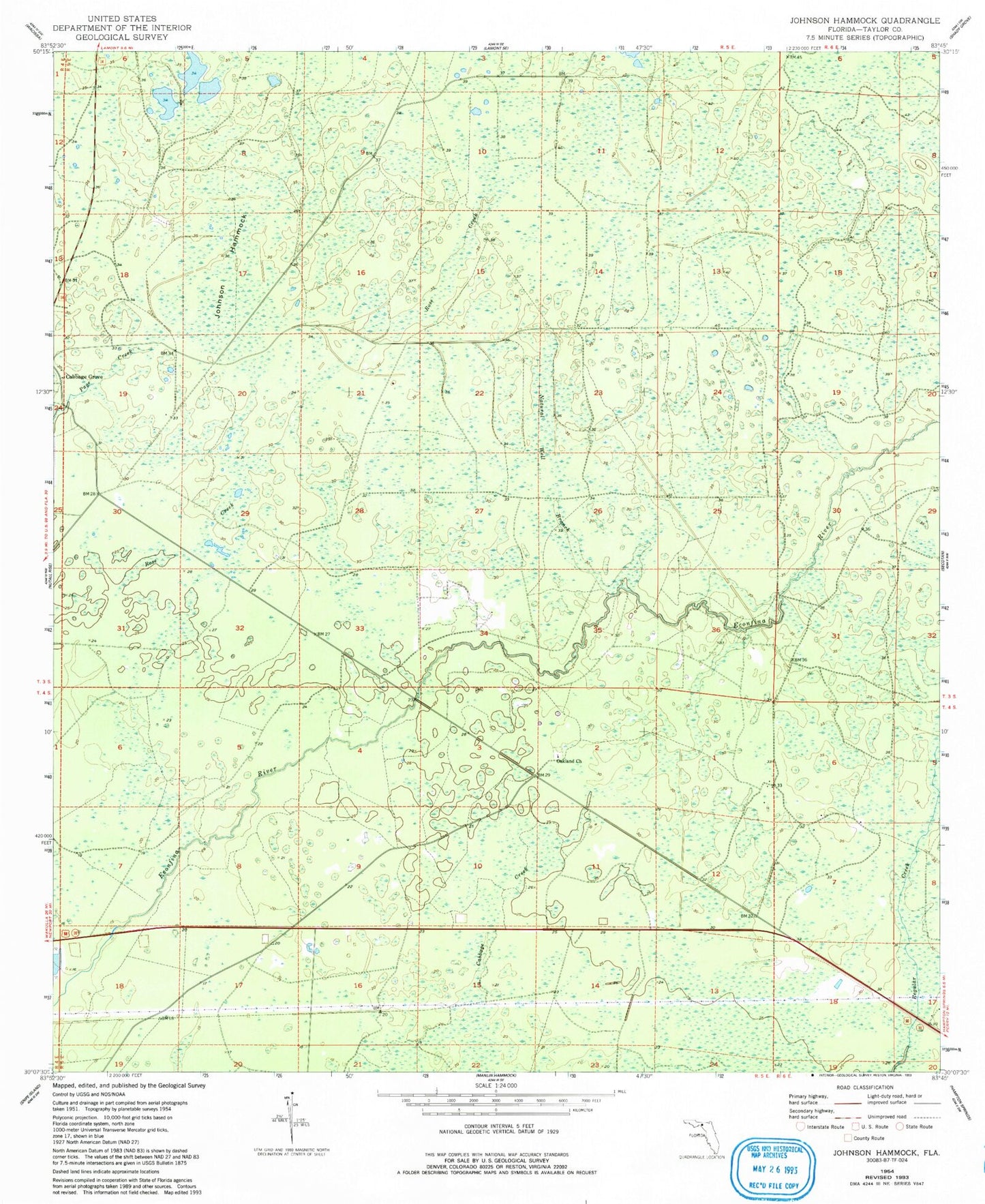 Classic USGS Johnson Hammock Florida 7.5'x7.5' Topo Map Image