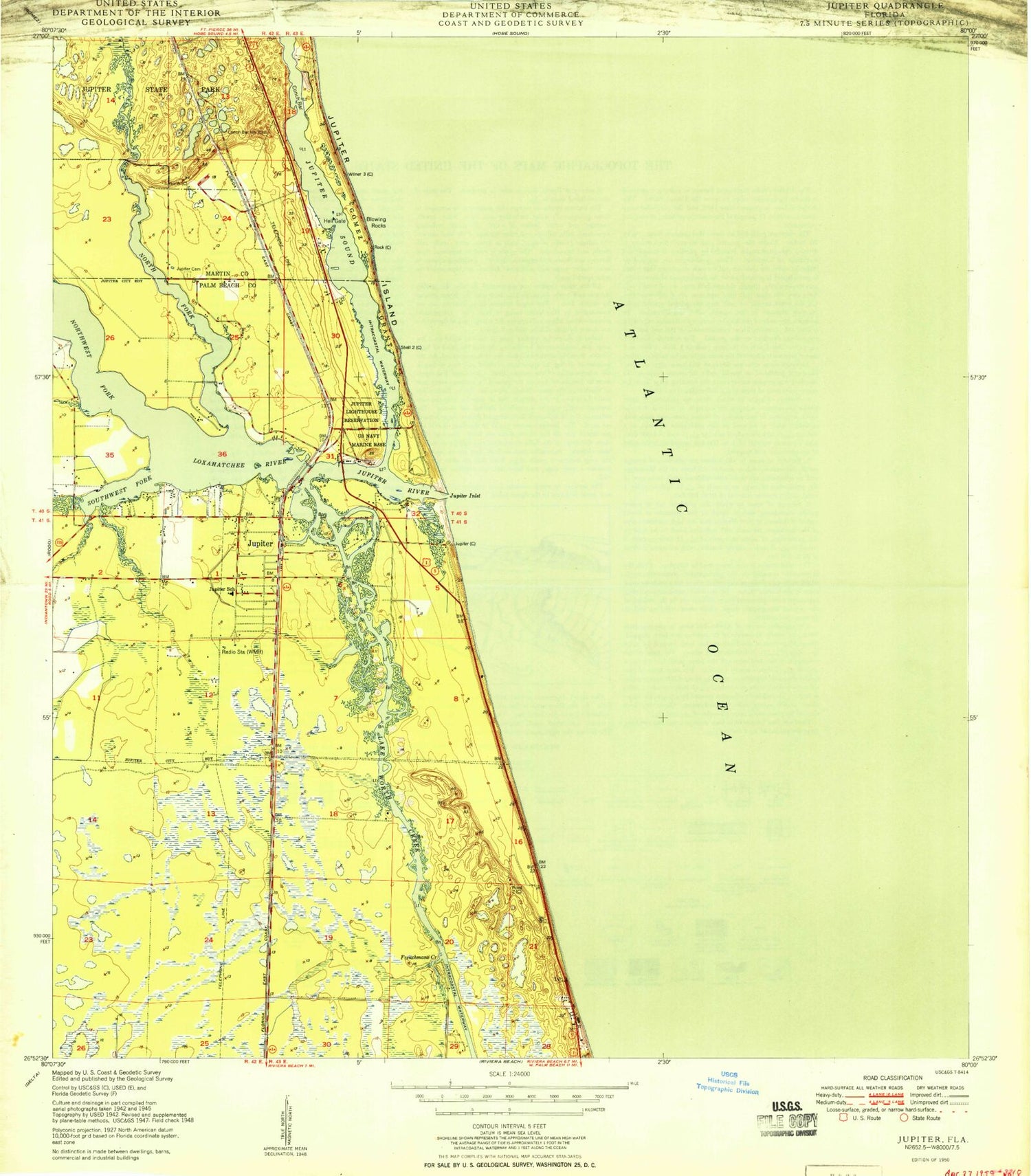 Classic USGS Jupiter Florida 7.5'x7.5' Topo Map Image