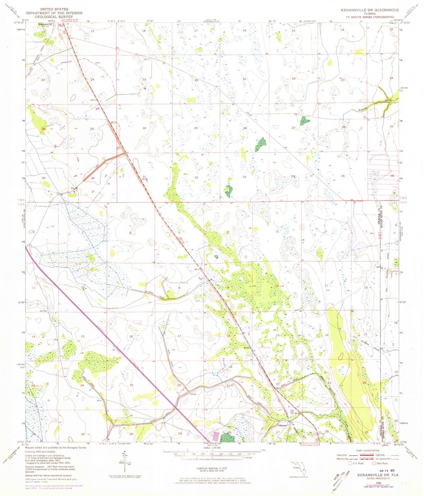 Classic USGS Kenansville SW Florida 7.5'x7.5' Topo Map Image