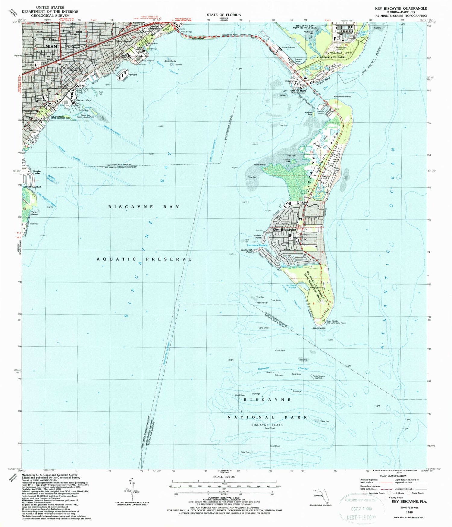 Classic USGS Key Biscayne Florida 7.5'x7.5' Topo Map Image