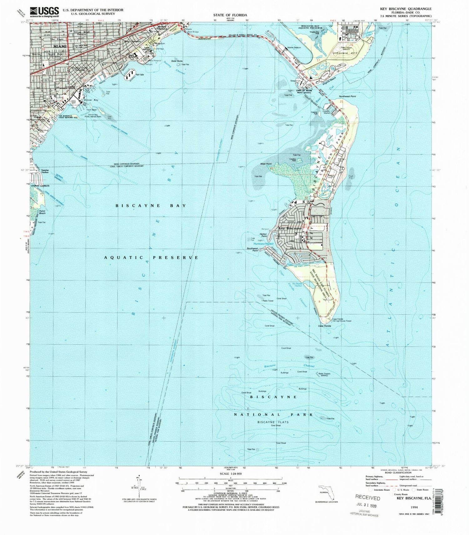 Classic USGS Key Biscayne Florida 7.5'x7.5' Topo Map Image