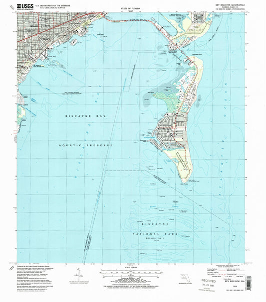 Classic USGS Key Biscayne Florida 7.5'x7.5' Topo Map Image