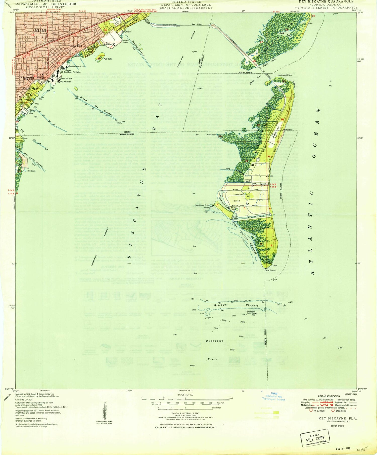 Classic USGS Key Biscayne Florida 7.5'x7.5' Topo Map Image