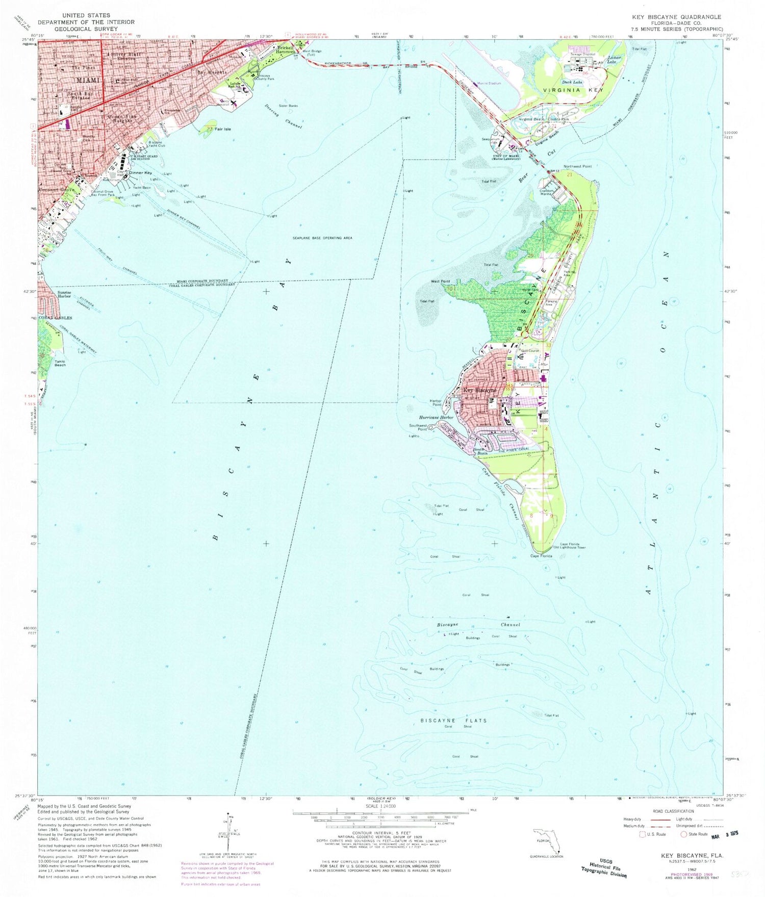 Classic USGS Key Biscayne Florida 7.5'x7.5' Topo Map Image