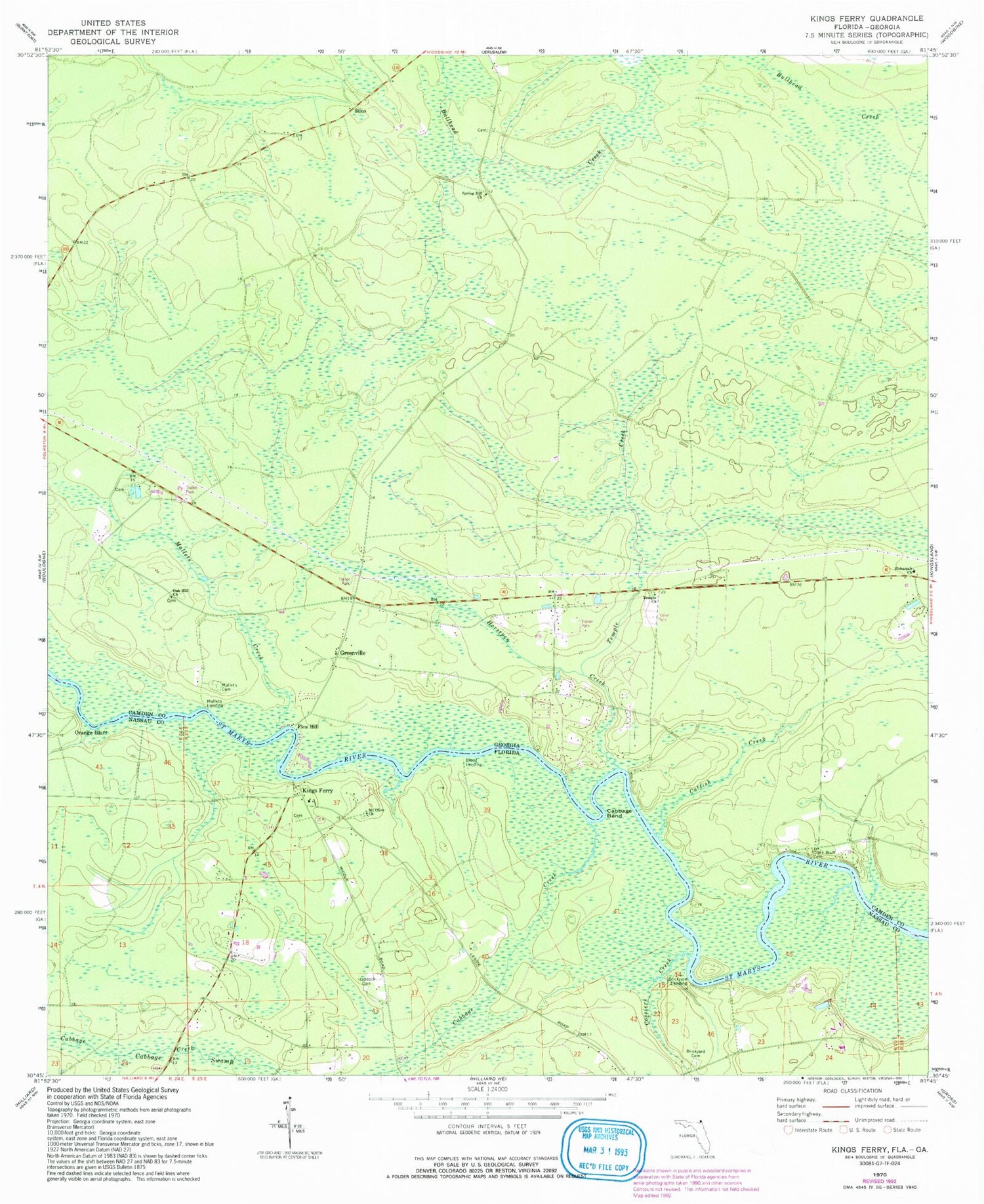 Classic USGS Kings Ferry Florida 7.5'x7.5' Topo Map Image