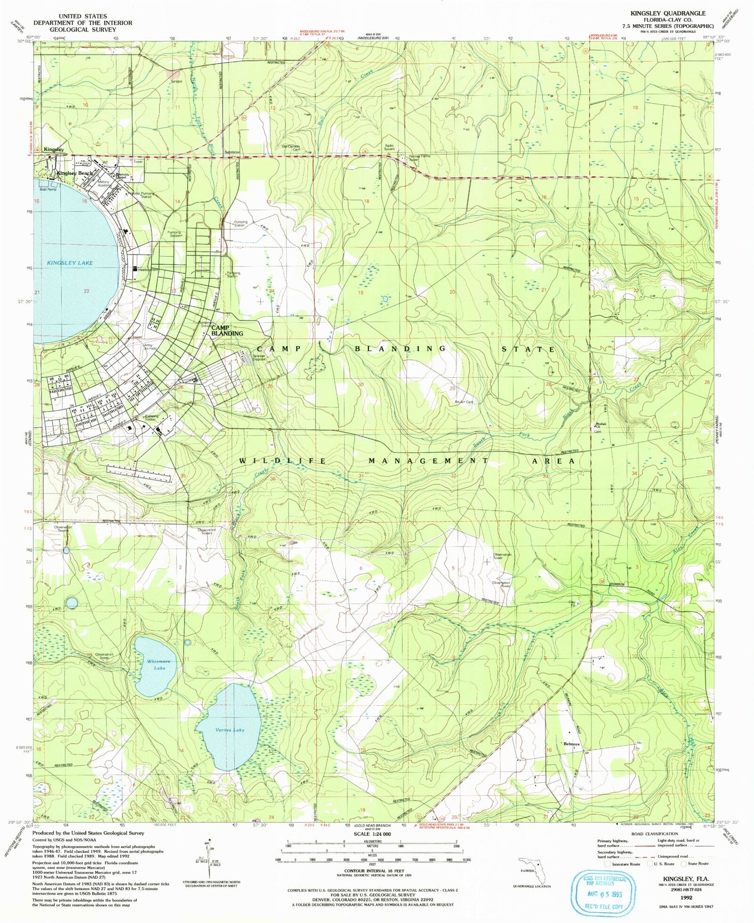 Classic USGS Kingsley Florida 7.5'x7.5' Topo Map Image