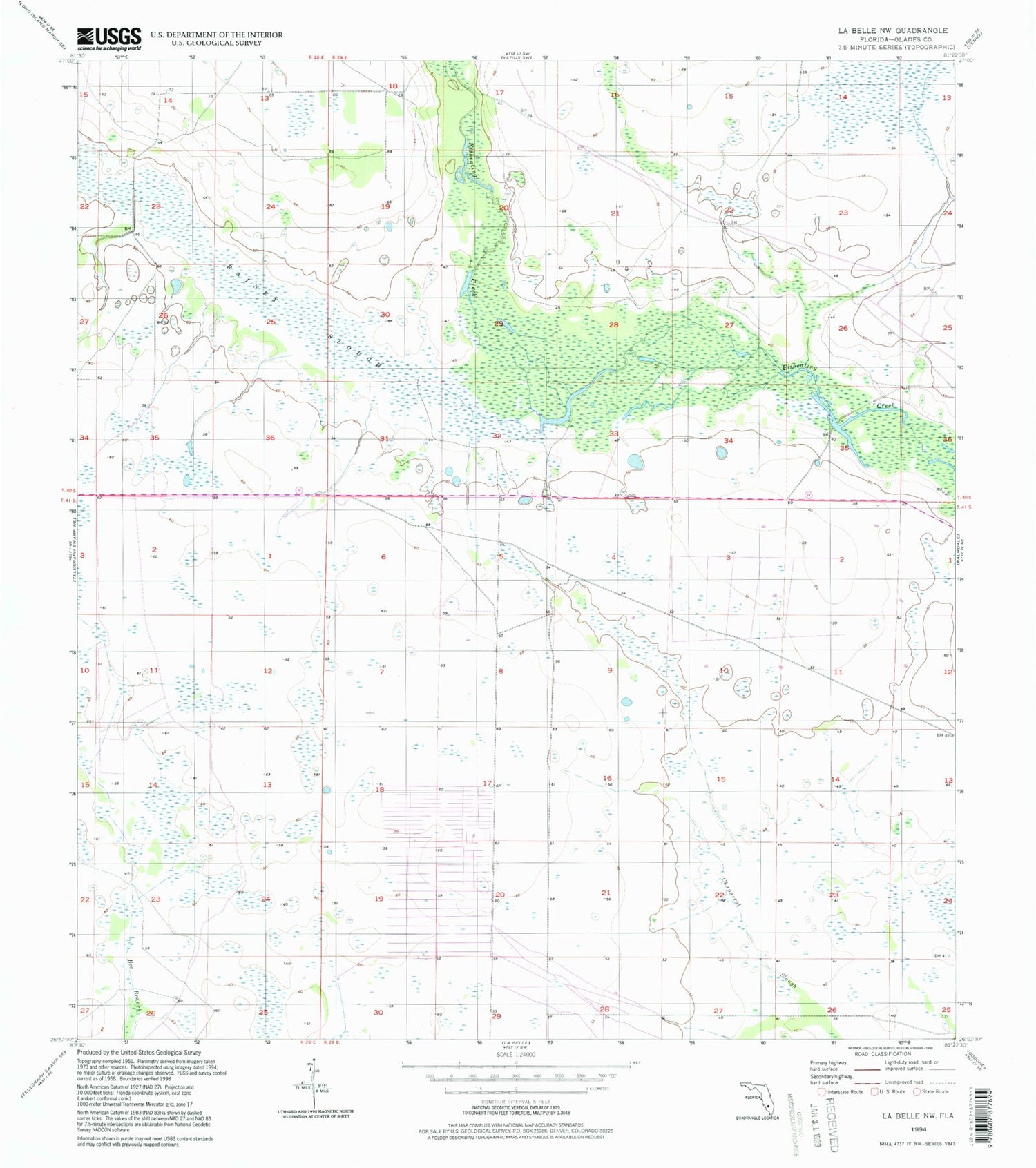 Classic USGS La Belle NW Florida 7.5'x7.5' Topo Map Image