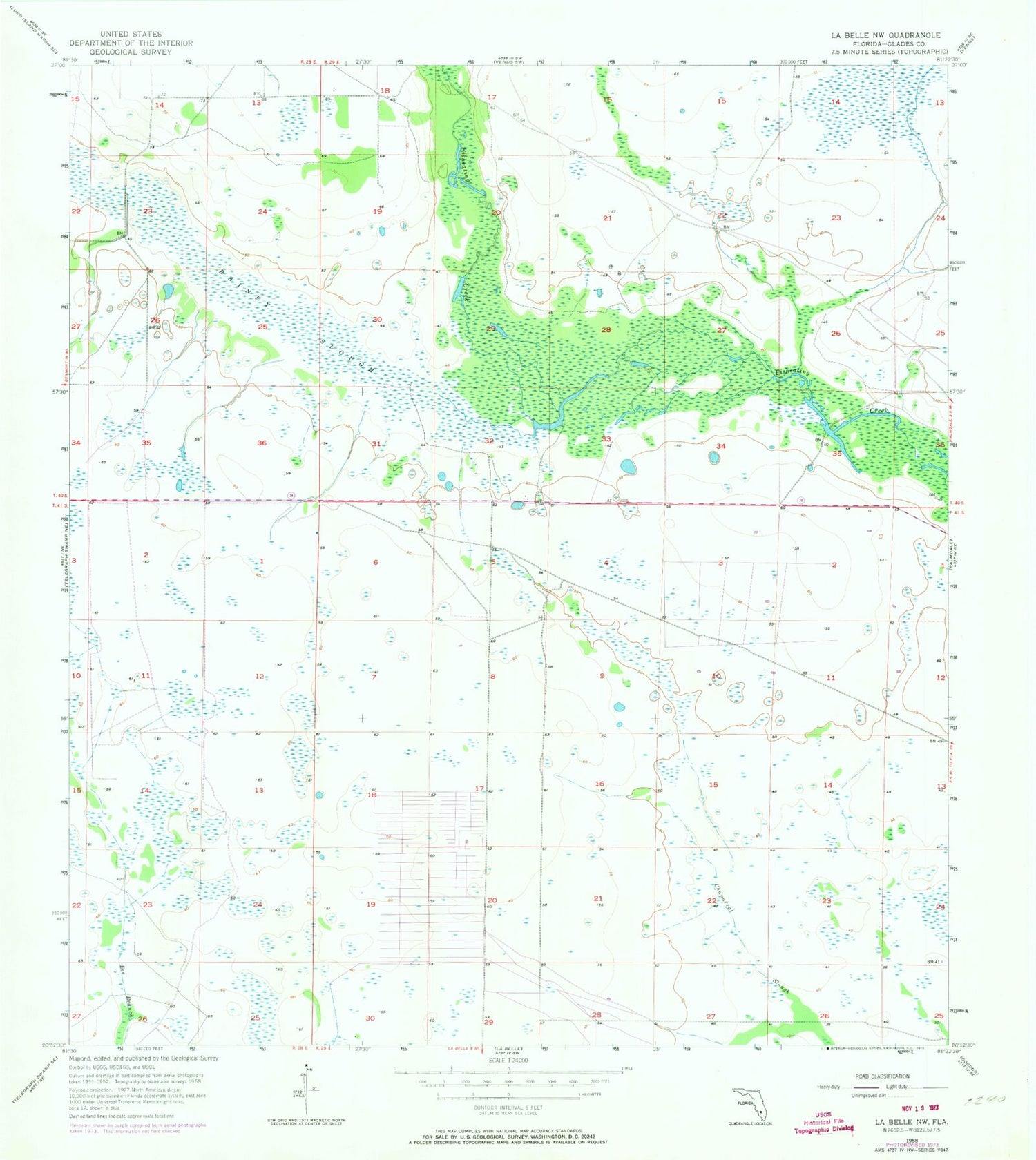 Classic USGS La Belle NW Florida 7.5'x7.5' Topo Map Image