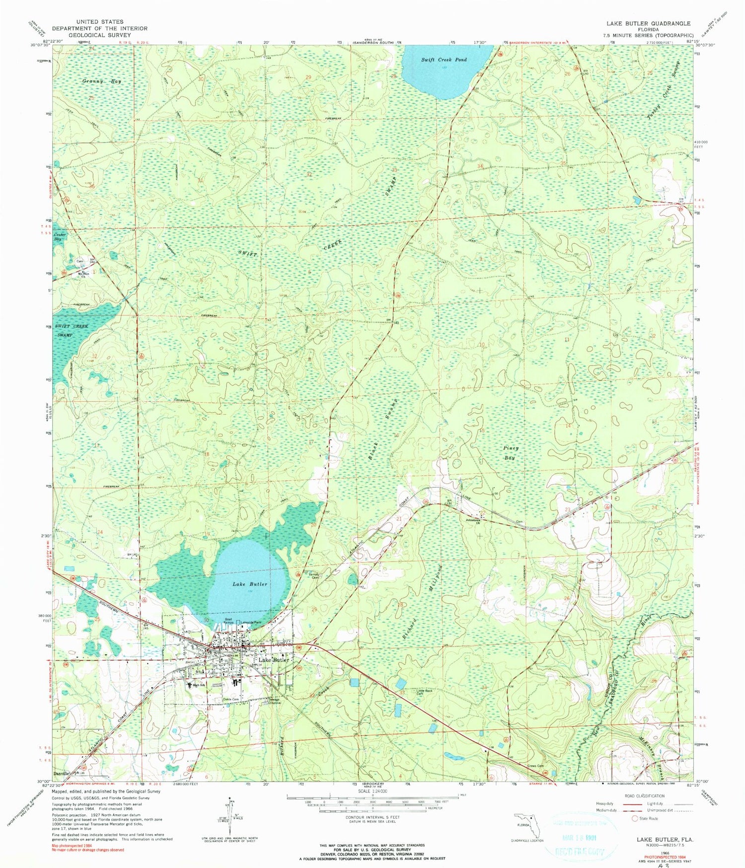 Classic USGS Lake Butler Florida 7.5'x7.5' Topo Map Image