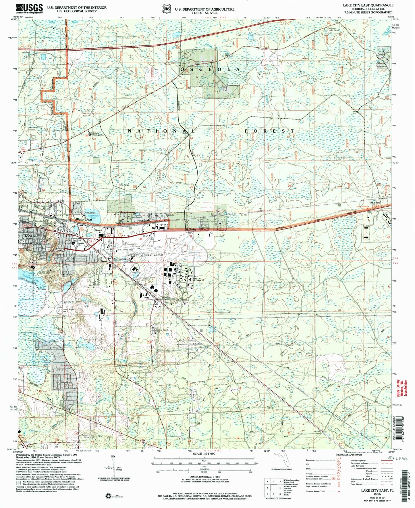Classic USGS Lake City East Florida 7.5'x7.5' Topo Map Image