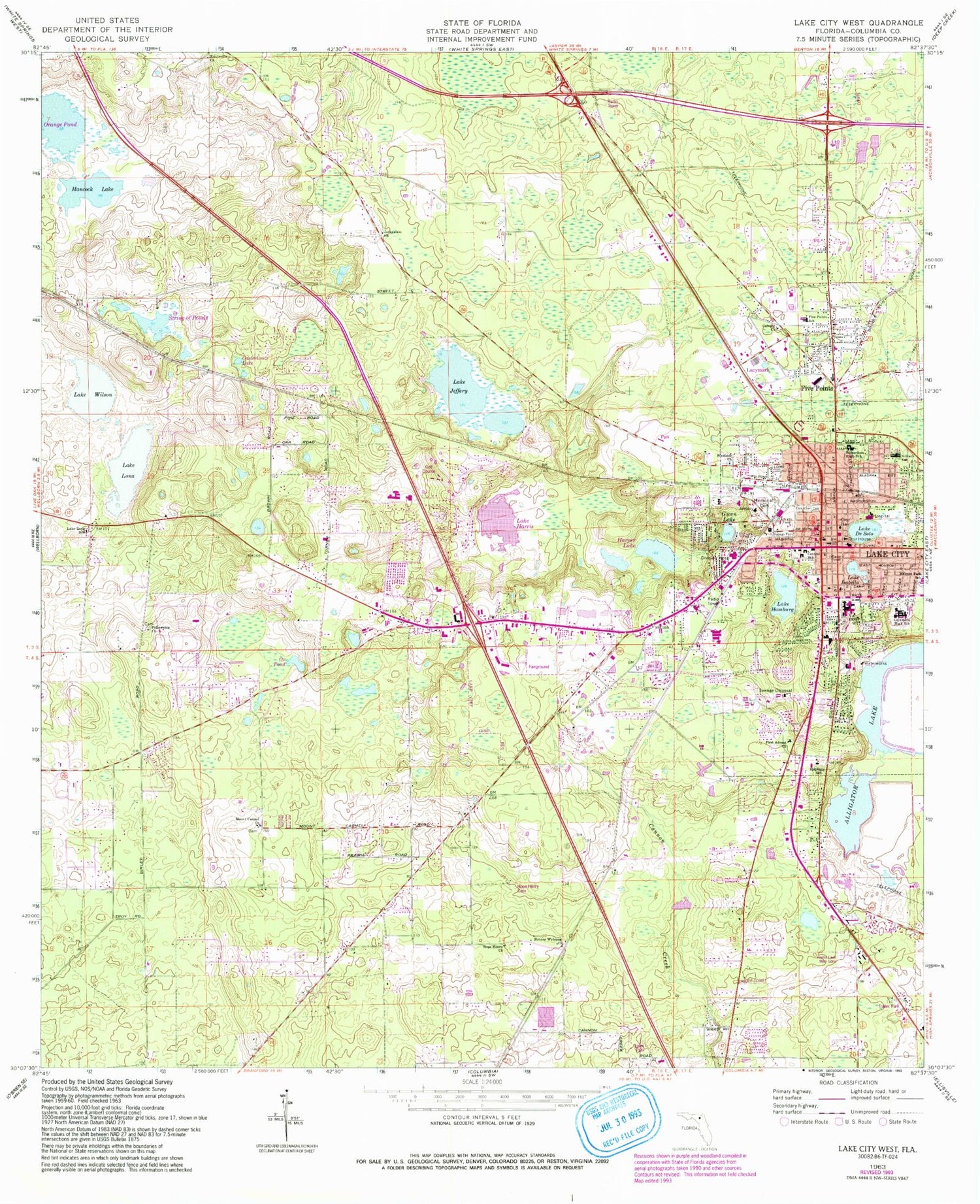 Classic USGS Lake City West Florida 7.5'x7.5' Topo Map Image