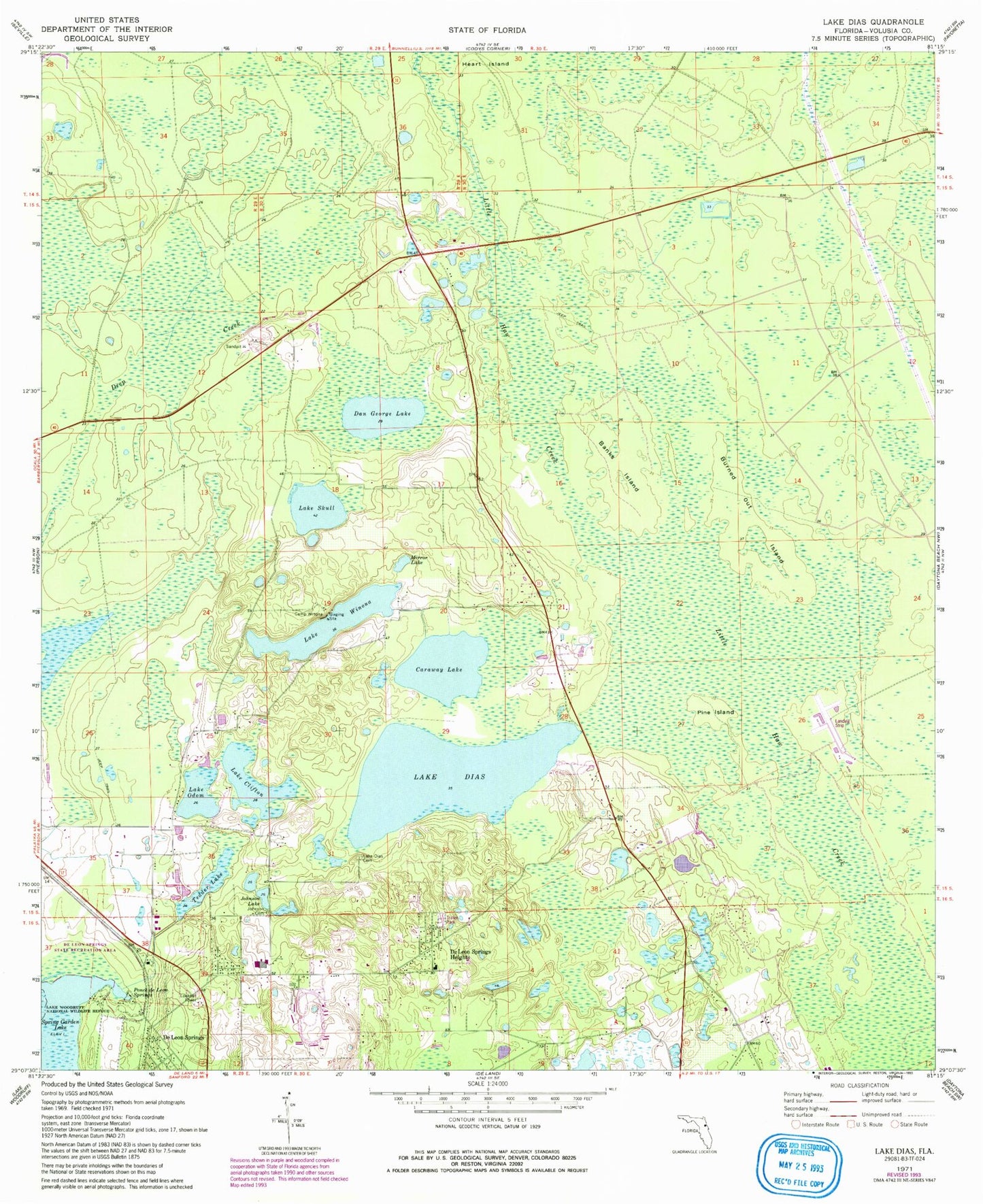 Classic USGS Lake Dias Florida 7.5'x7.5' Topo Map Image