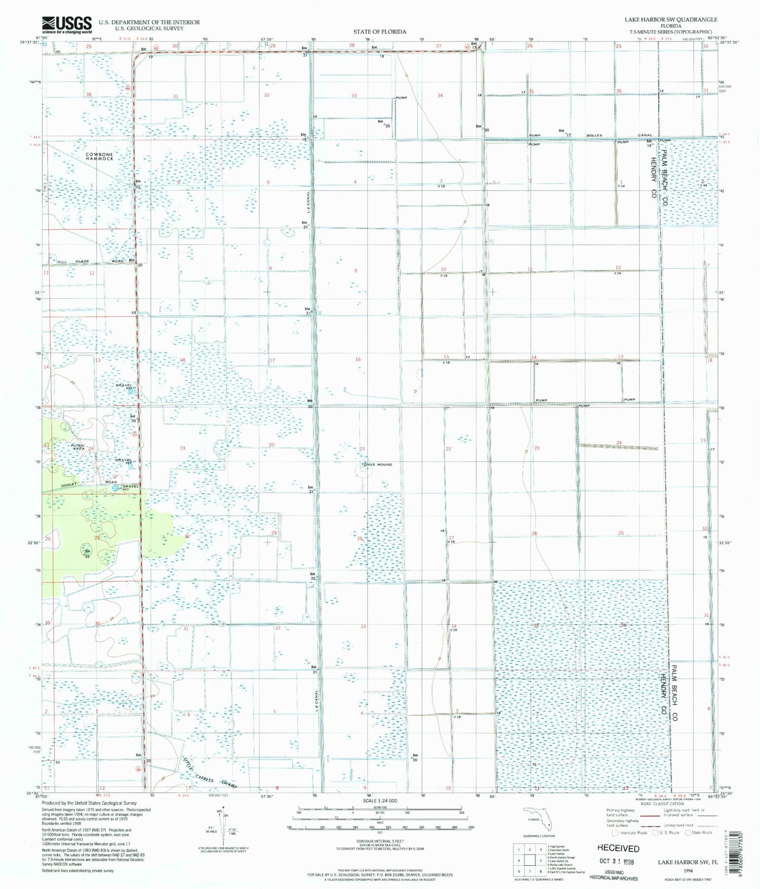 Classic USGS Lake Harbor SW Florida 7.5'x7.5' Topo Map Image