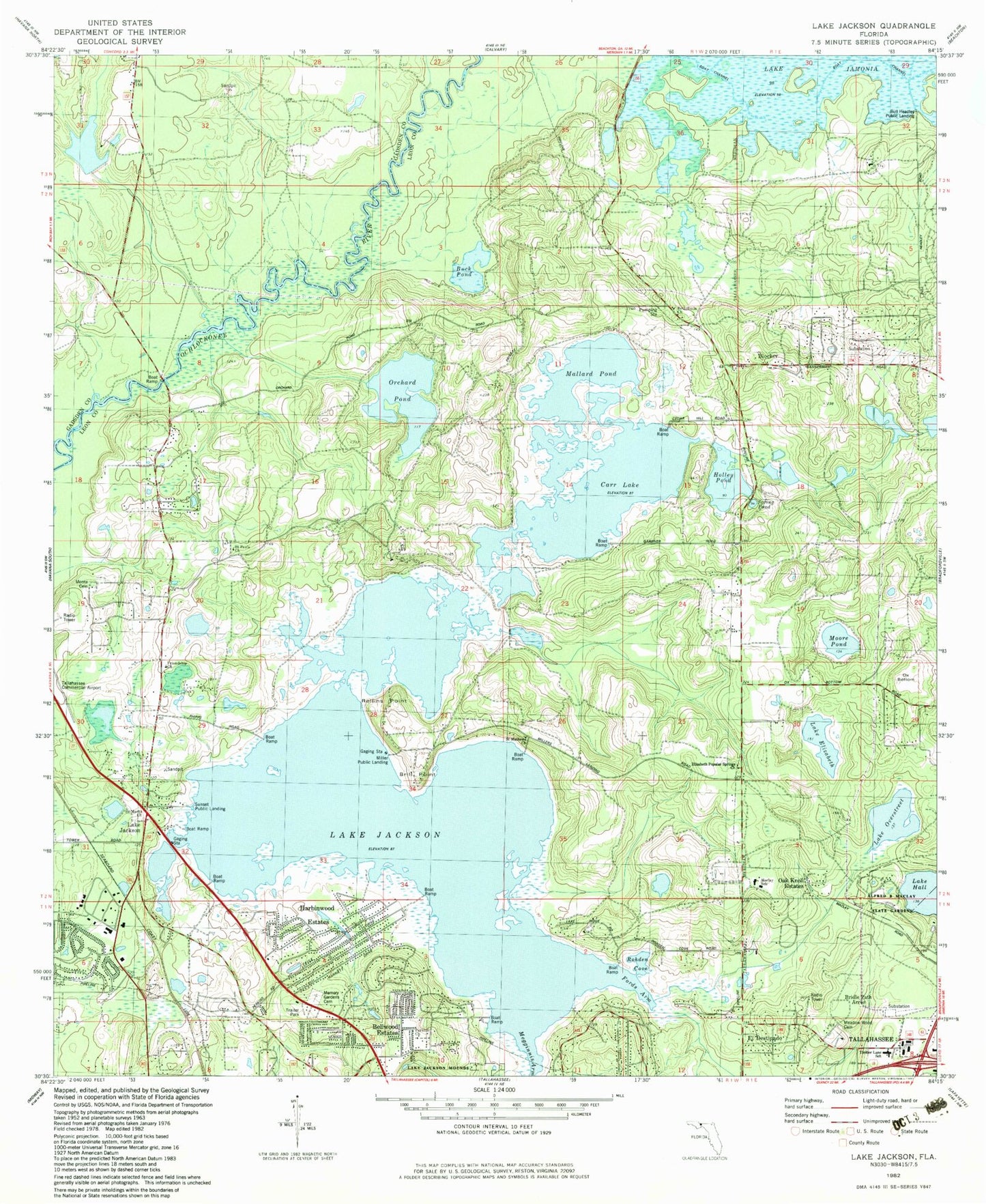 Classic USGS Lake Jackson Florida 7.5'x7.5' Topo Map Image